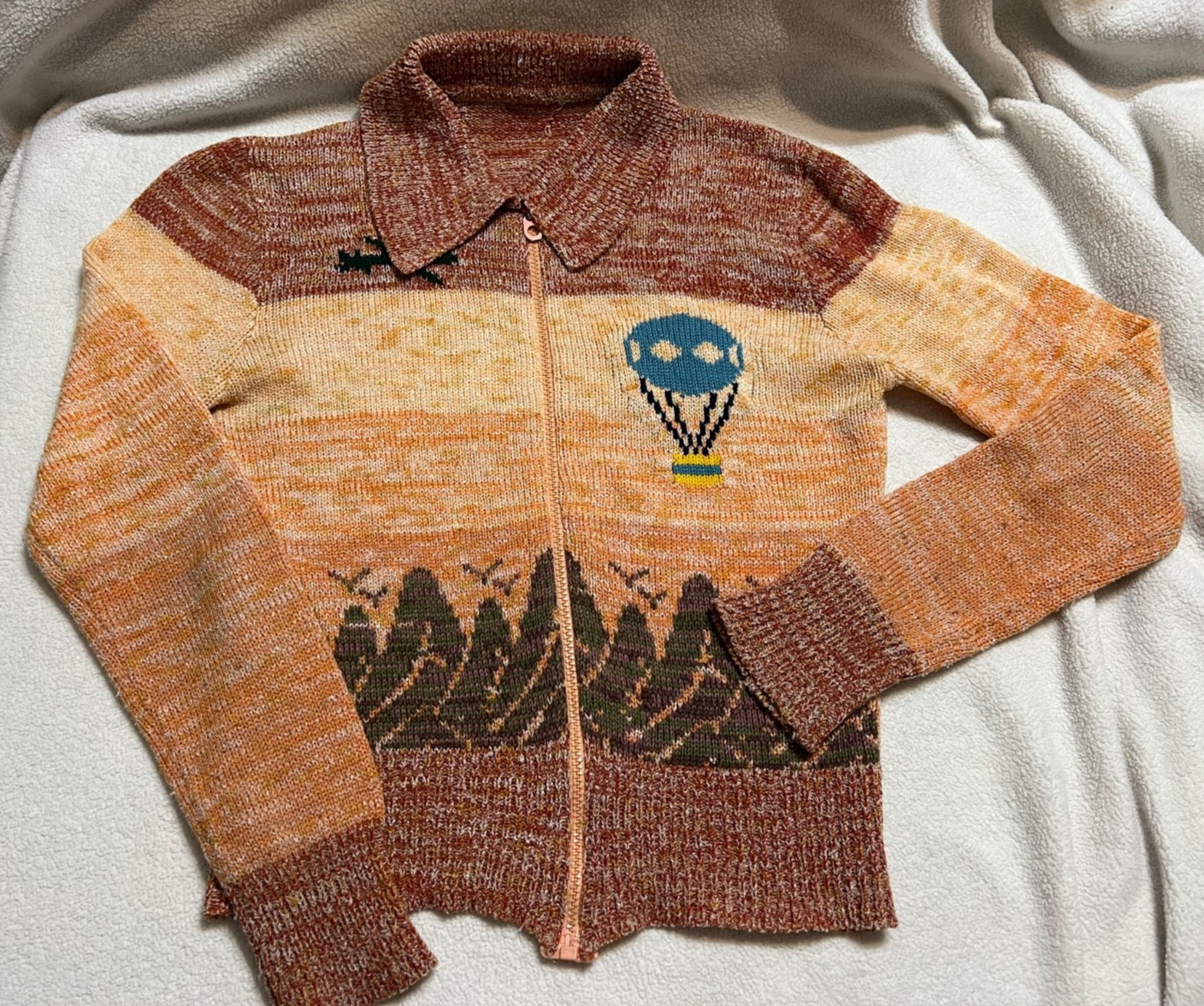 Vintage Zip Up Sweater Hot Air Balloon Airplane Knit Mountains Oranges Browns Bl