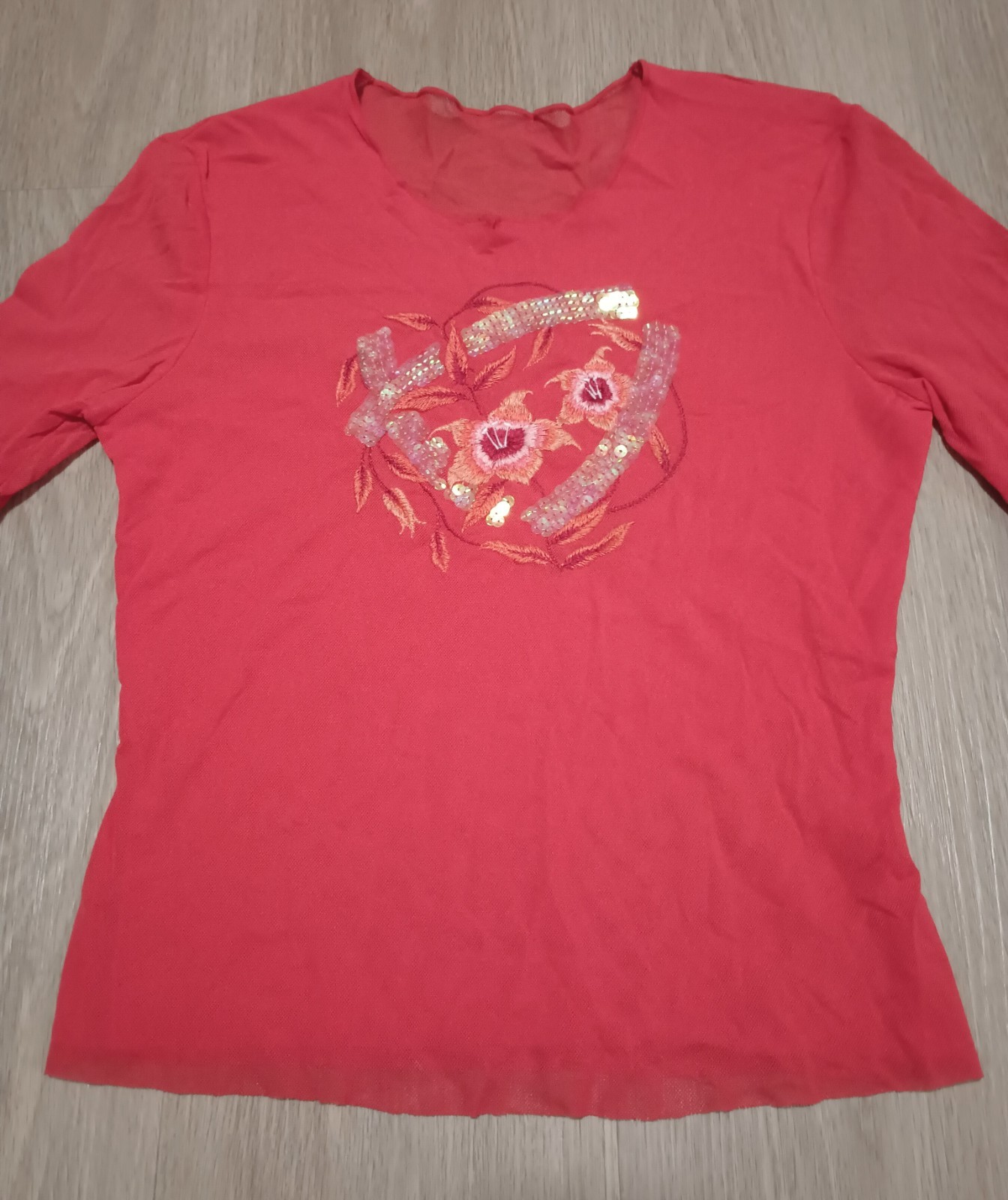 Vtg 90s Orange Sheer Mesh Fishnet Embroidered Sequin Artsy Floral Top Blouse XS