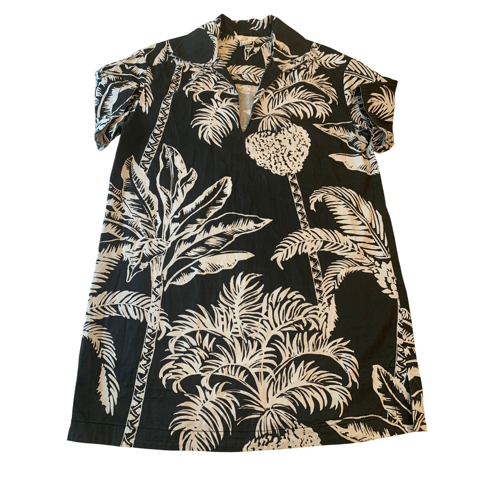 HM Women Black White Tropical Palm Pineapple Print V-Neck Cotton Tunic Dress M