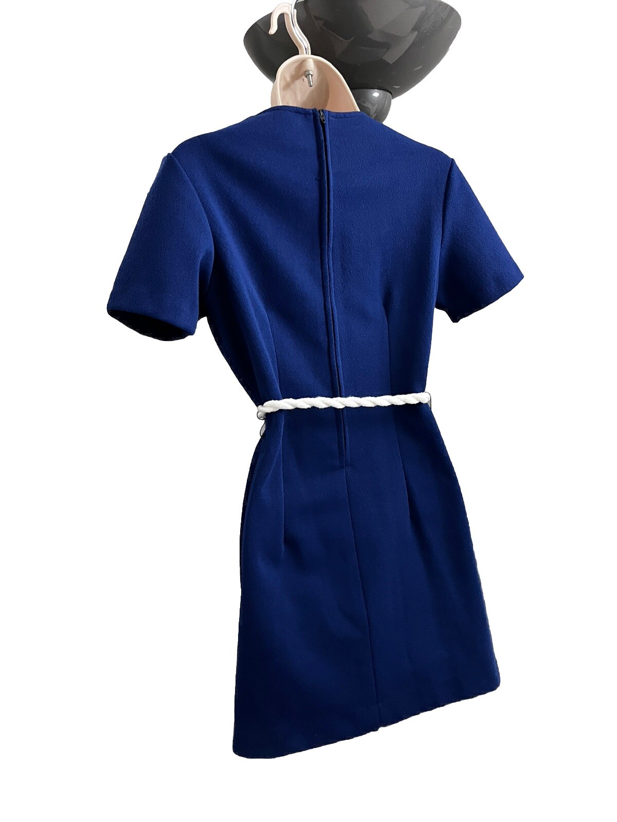1970s Retro MINI DRESS-Navy Look-Anchor Motif-Side Slits-Braided Rope Belt-Sz 8?