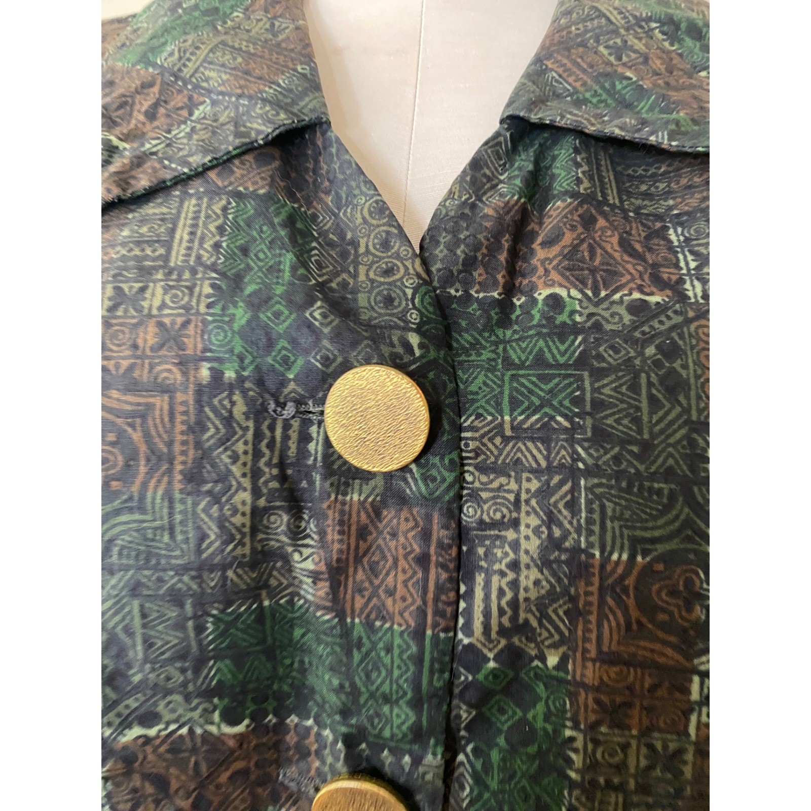 Vintage 60s Tiki Print Cropped Jacket Green Brown Geometric Gold Buttons XL