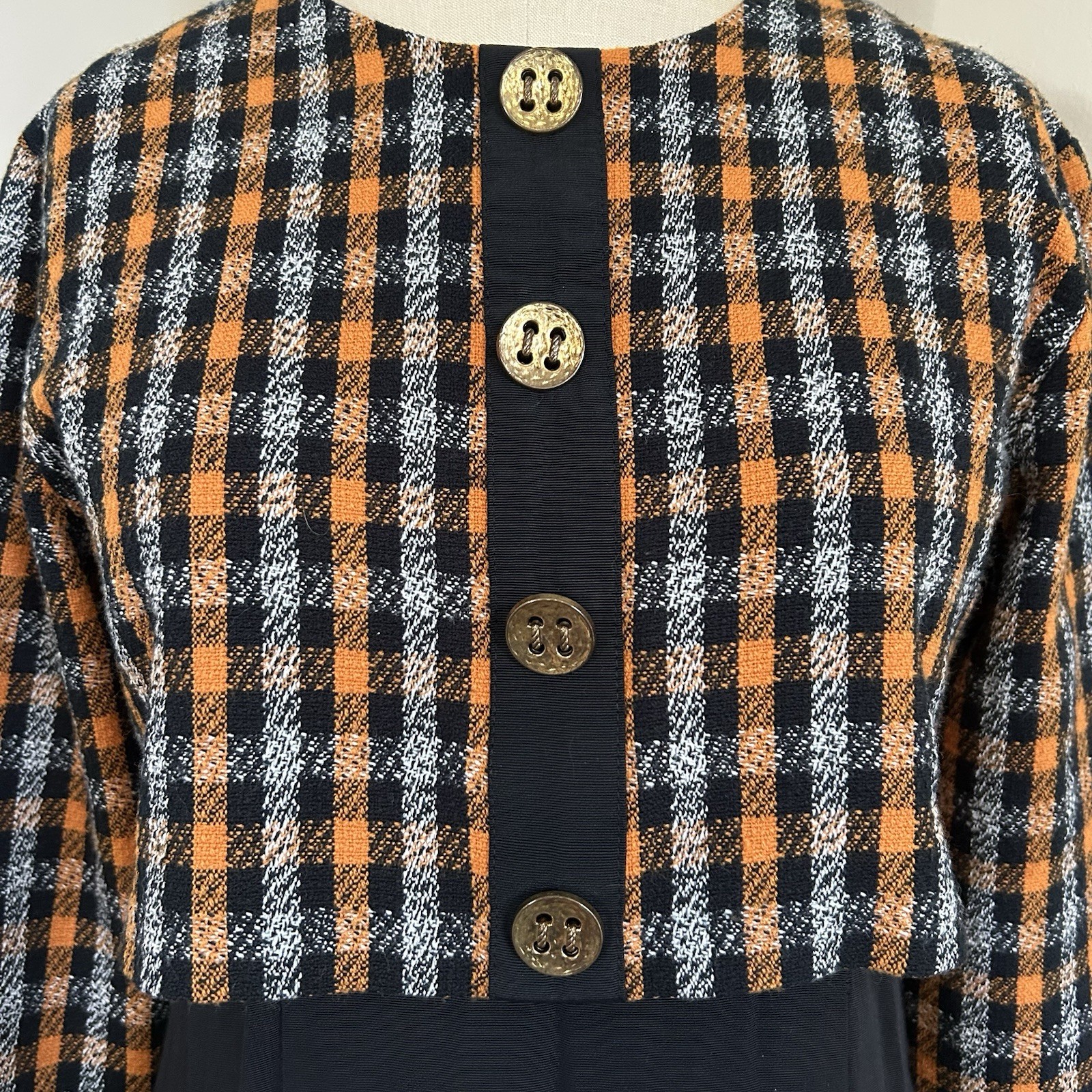 VTG 80s Plaid Dress Black Orange White Preppy Schoolgirl Office Fall USA Sz 10