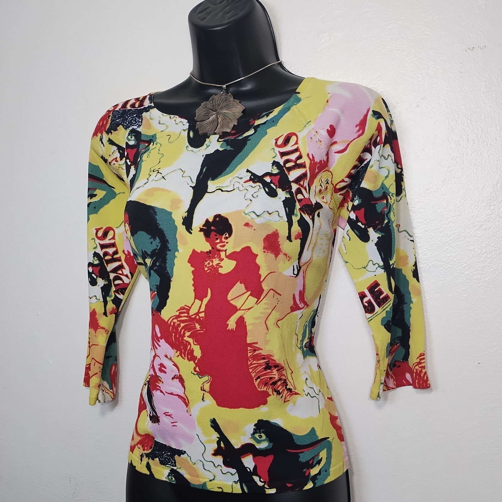 vintage 90s france paris moulin rouge art graphic print square neck top sz m