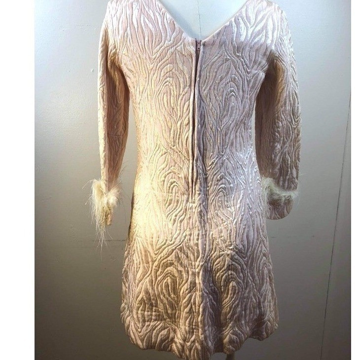 Vtg 60s Feather Cuff Brocade MOD Mini Cocktail Dress Buttons Small MCM Madmen