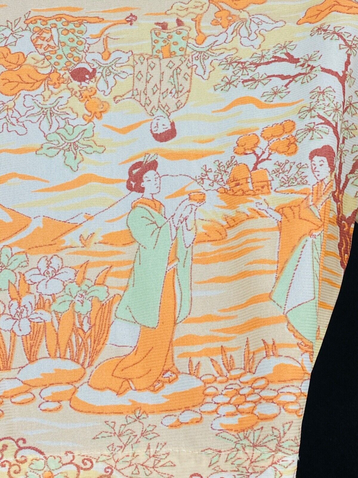Vintage 1970s novelty print crop top geisha ladies white orange blouse tie waist