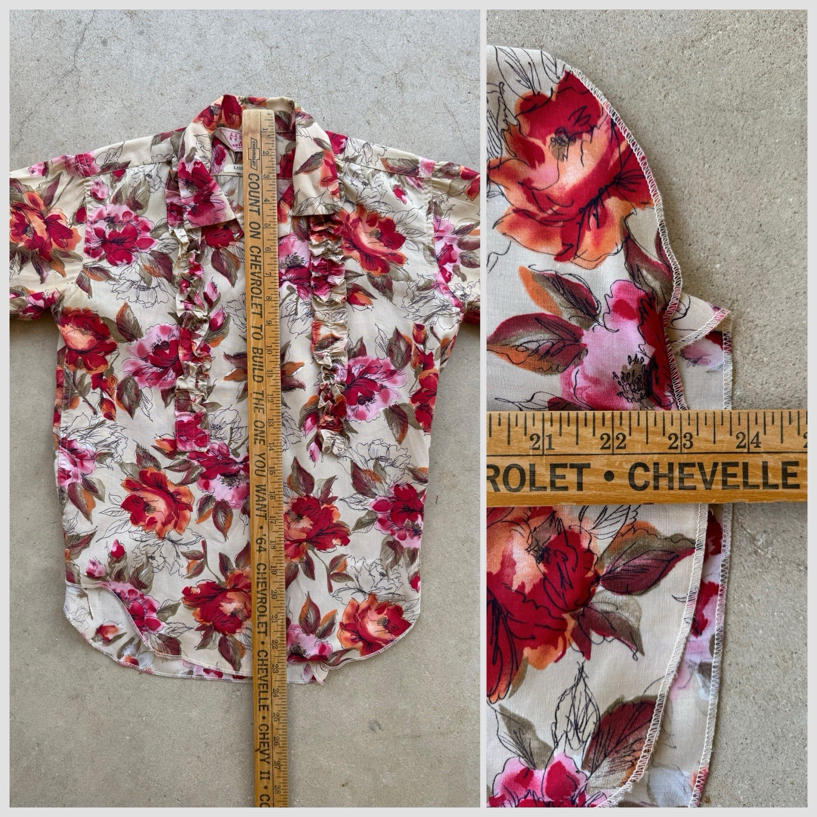 H Bar C Western Pearl Snap Ruffle Blouse Floral Rockabilly Shirt USA S Vintage