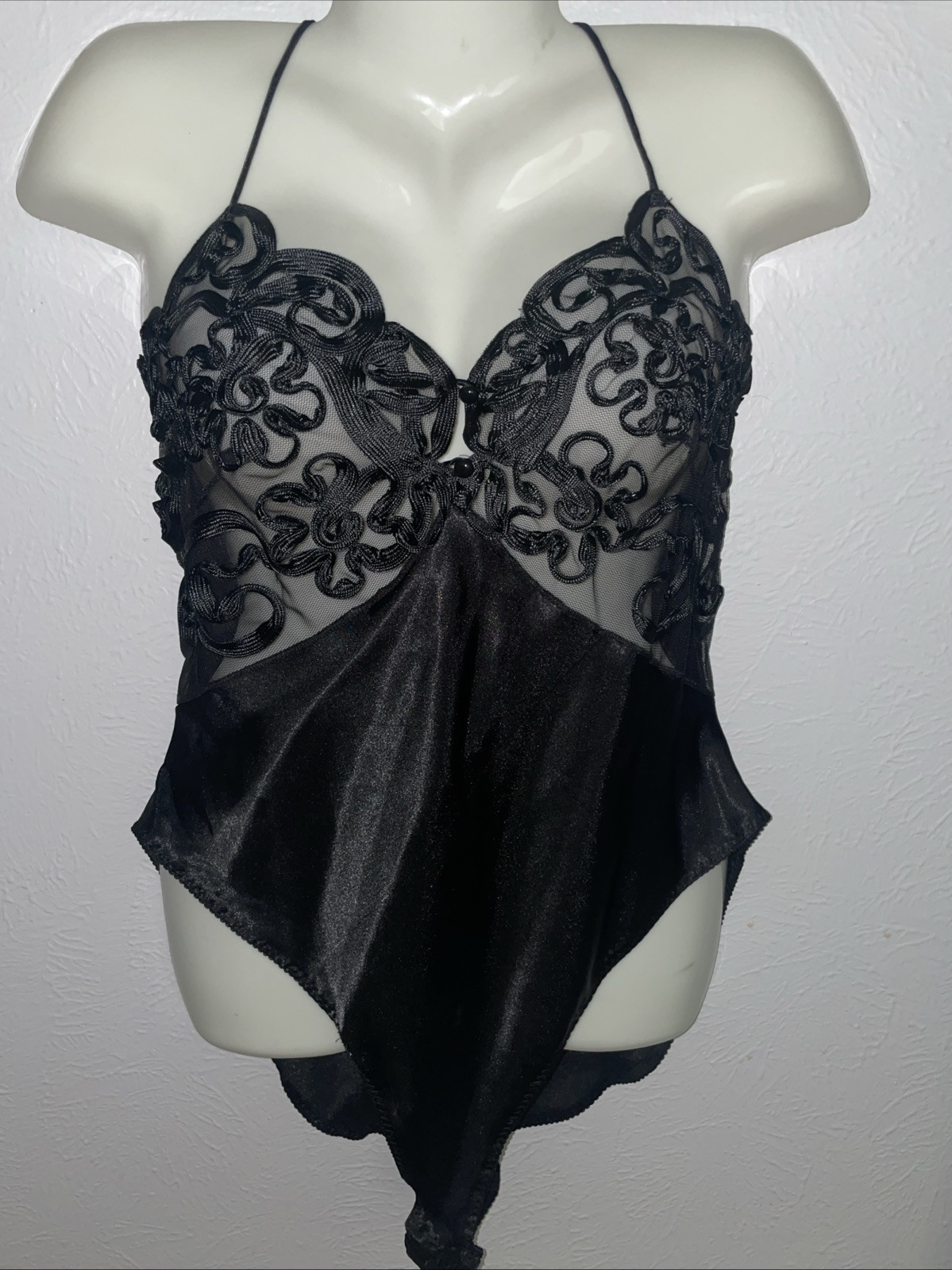 Vintage Cine Star Woman’s L 1980s Black Satin Lace Teddy Bodysuit Large Romper