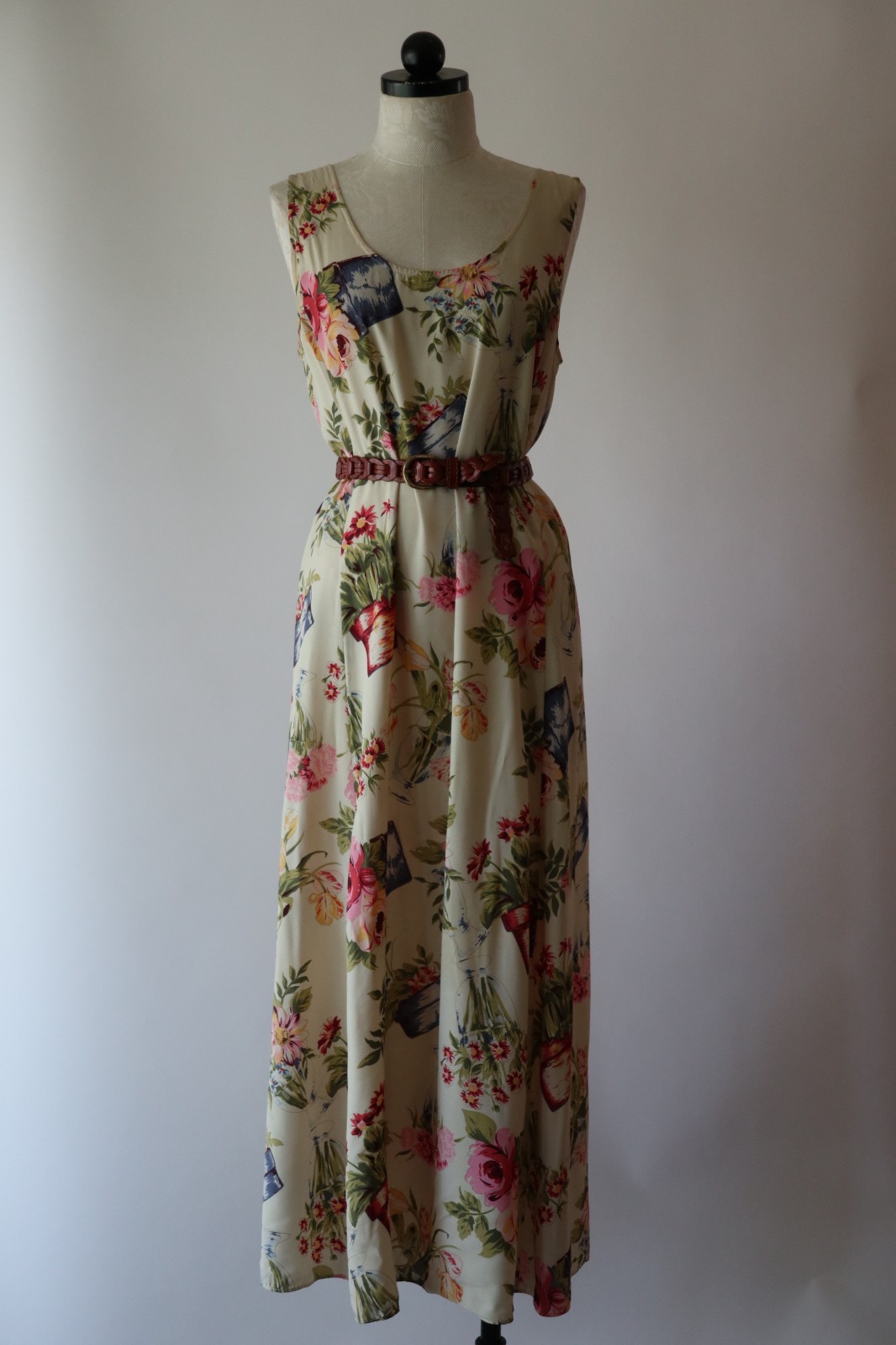 90s Vintage Pastel Garden Plants Pots Sleeveless Long Maxi Sundress Women S M