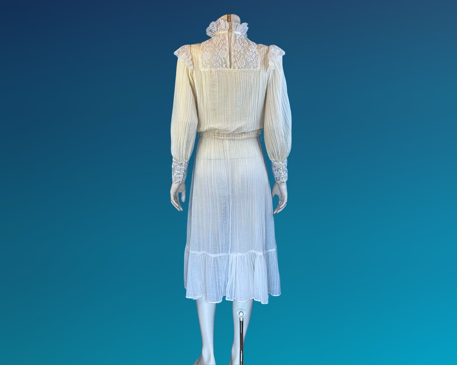 Vintage Romantic Victorian Revival Prairie Lace Crinkle Cotton Dress | S