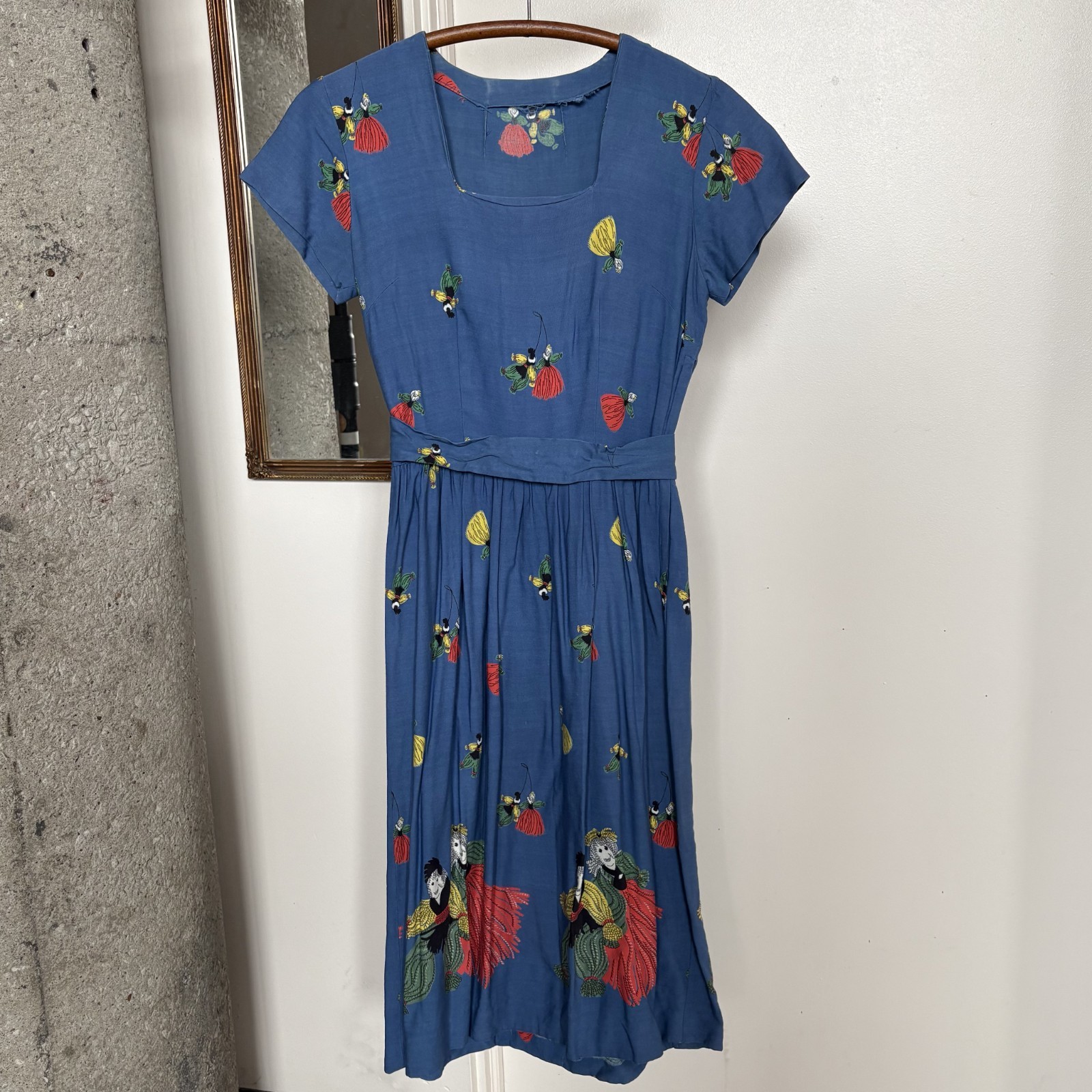 Rare Vintage 40s 50s Bulgarian Martenitsa Doll Novelty Print Dress Folk Art