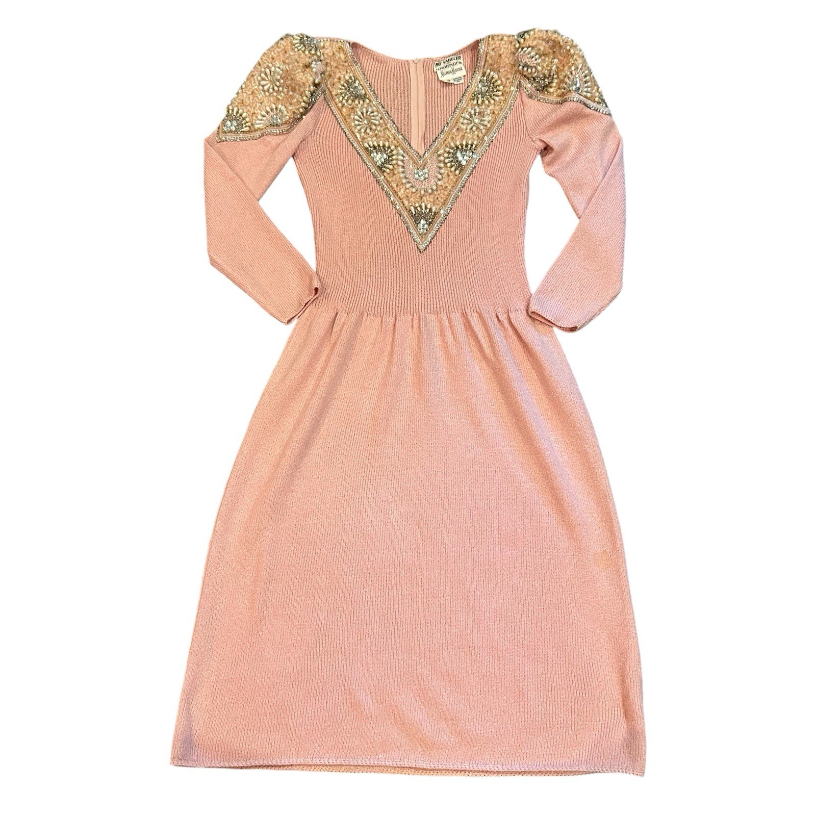 Pat Sandler Wellmore Neiman Marcus Pink Beaded Knit Dress Vintage 70s Cocktail S