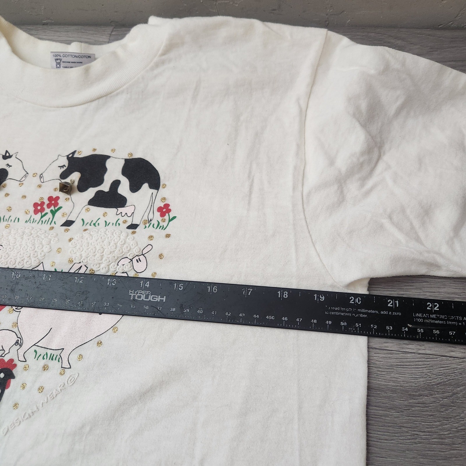 Vintage Oneita Power-T Farm Animal Heart T-Shirt Cream Size L 80s Made in USA