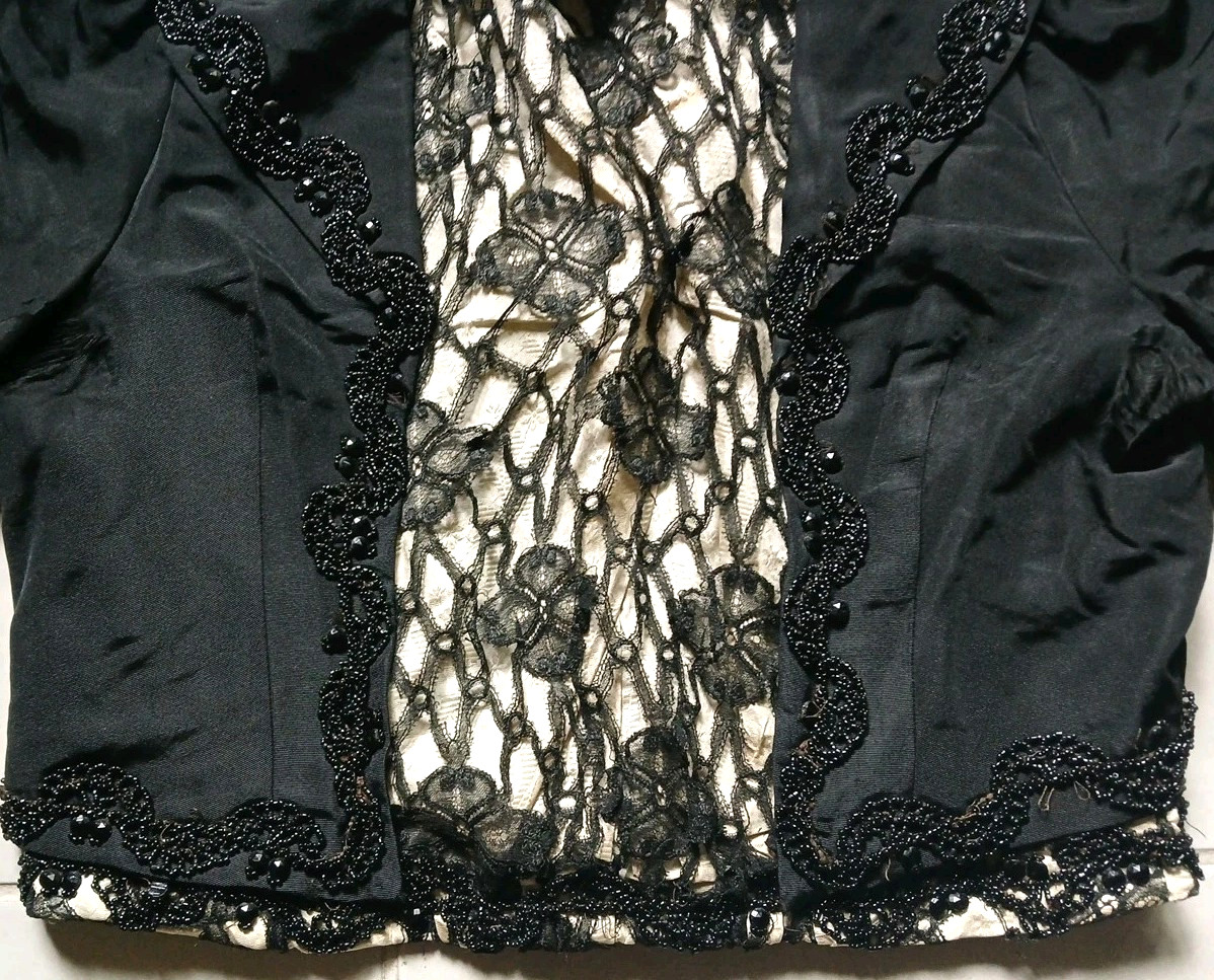 ANTIQUE VICTORIAN BLOUSE JACKET HANDMADE LACE BEAD HIGH NECK METAL TOP HOOKS BLK