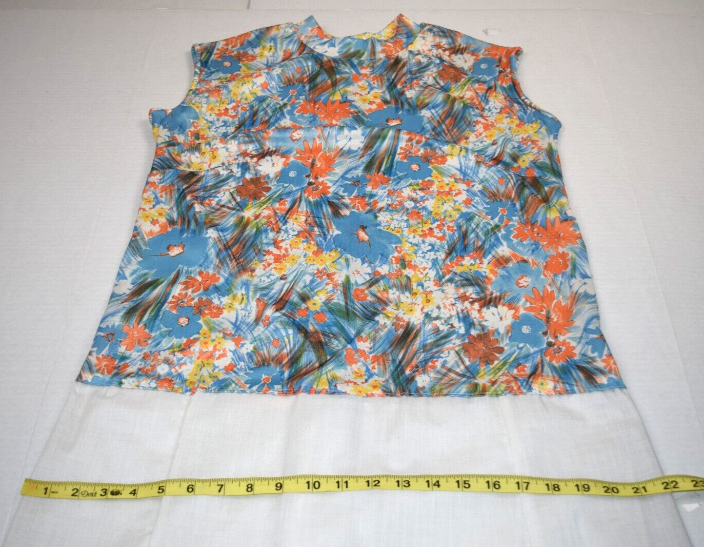 Vintage Midi Dress Blue Orange Yellow Size M 50s 60s Watercolor White Skirt Lace