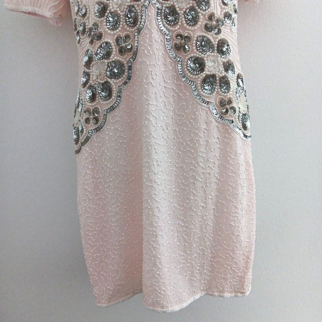 Jennifer Evening Gown Medium Light Pink Midi Silk Bead Sequin Keyhole NEW Bridal
