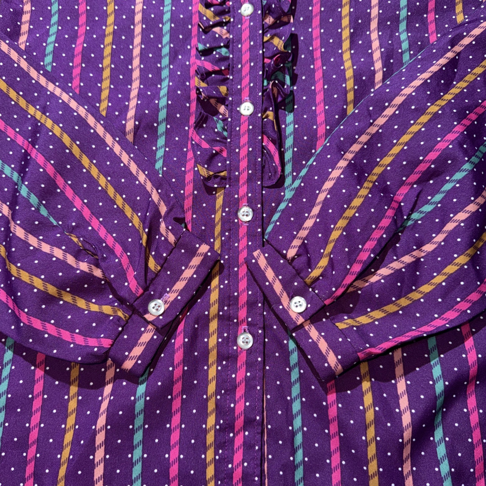 Women’s Purple Striped Polka Dot Blouse Sz Lg High Neck Ruffles Button Up VTG