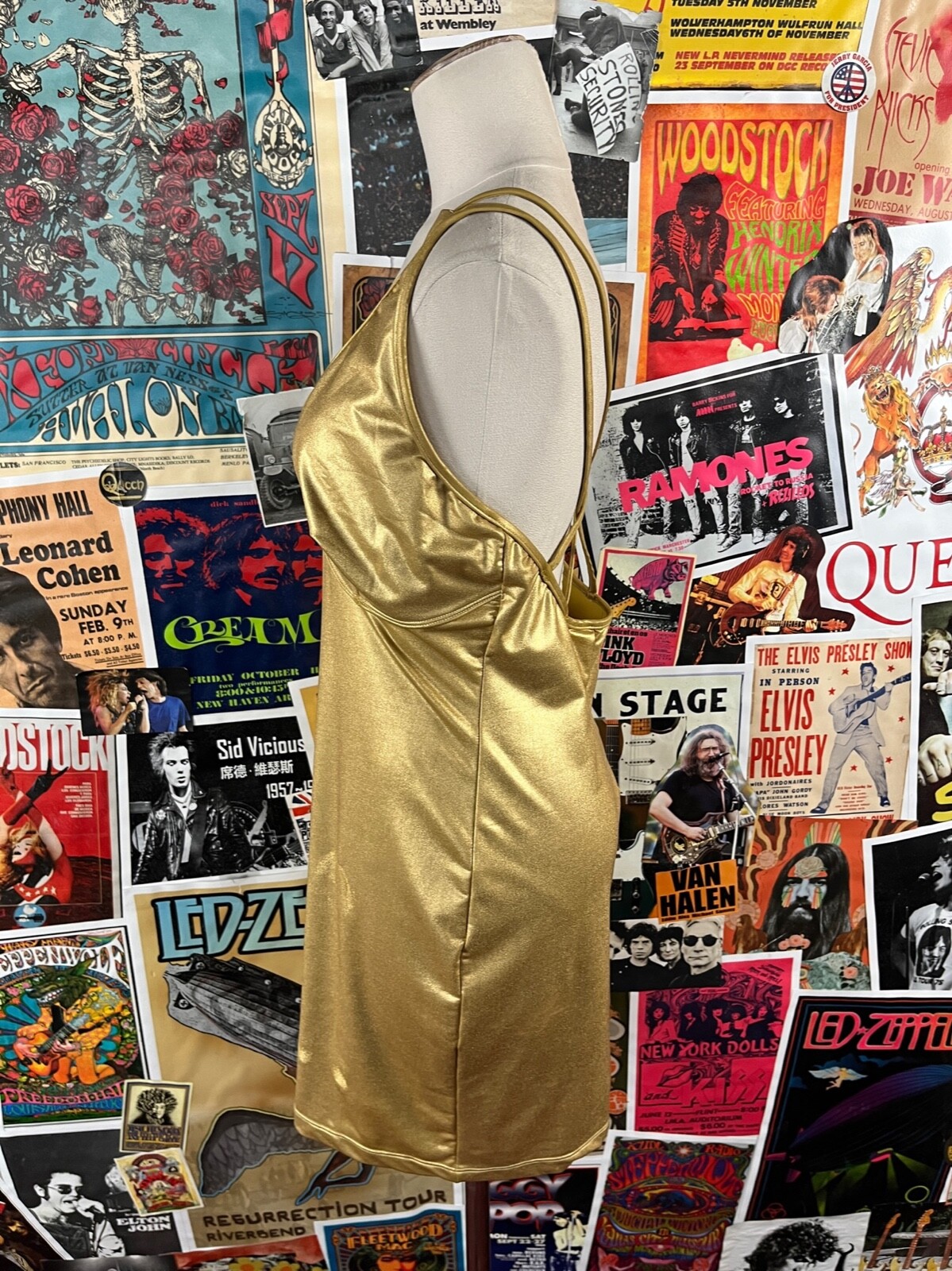 Vtg 90s Metallic Gold Ujena Nylon Spandex Deep V Club Disco Mini Dress Medium