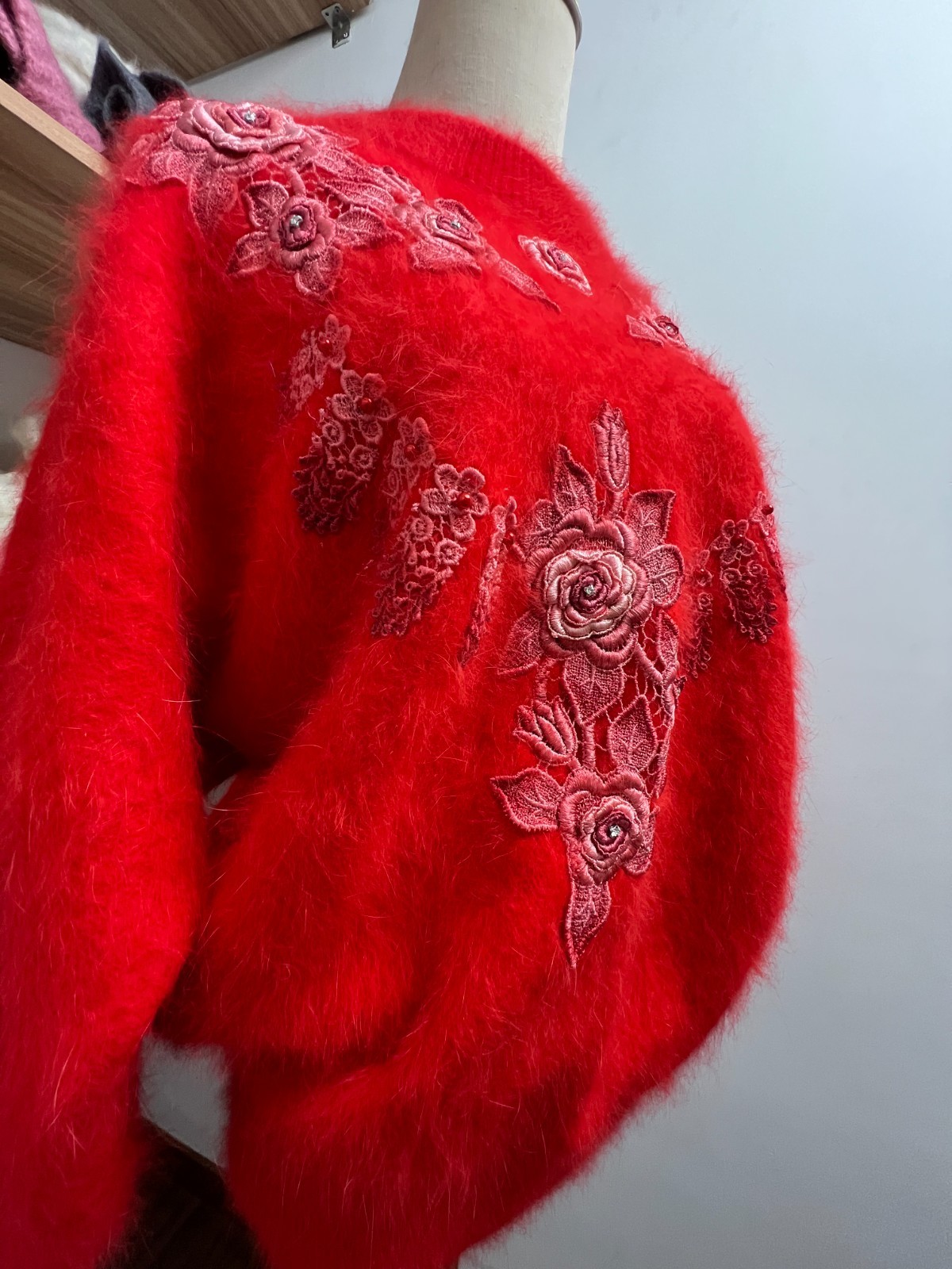 80% Angora Sweater Red Floral Embroidered Front Soft Fuzzy Knit Pullover