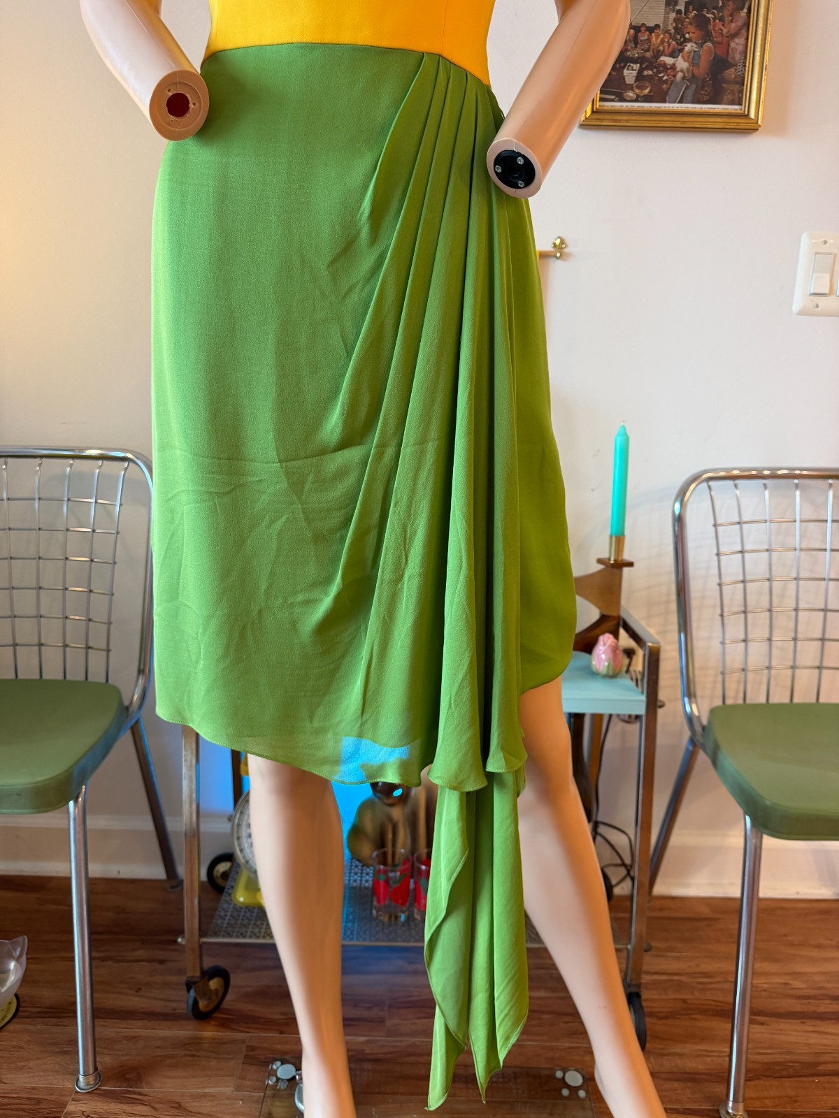 🌼 Vtg 90s Bill Blass Evening Silk Colorblock Cocktail Dress Marigold Dress M