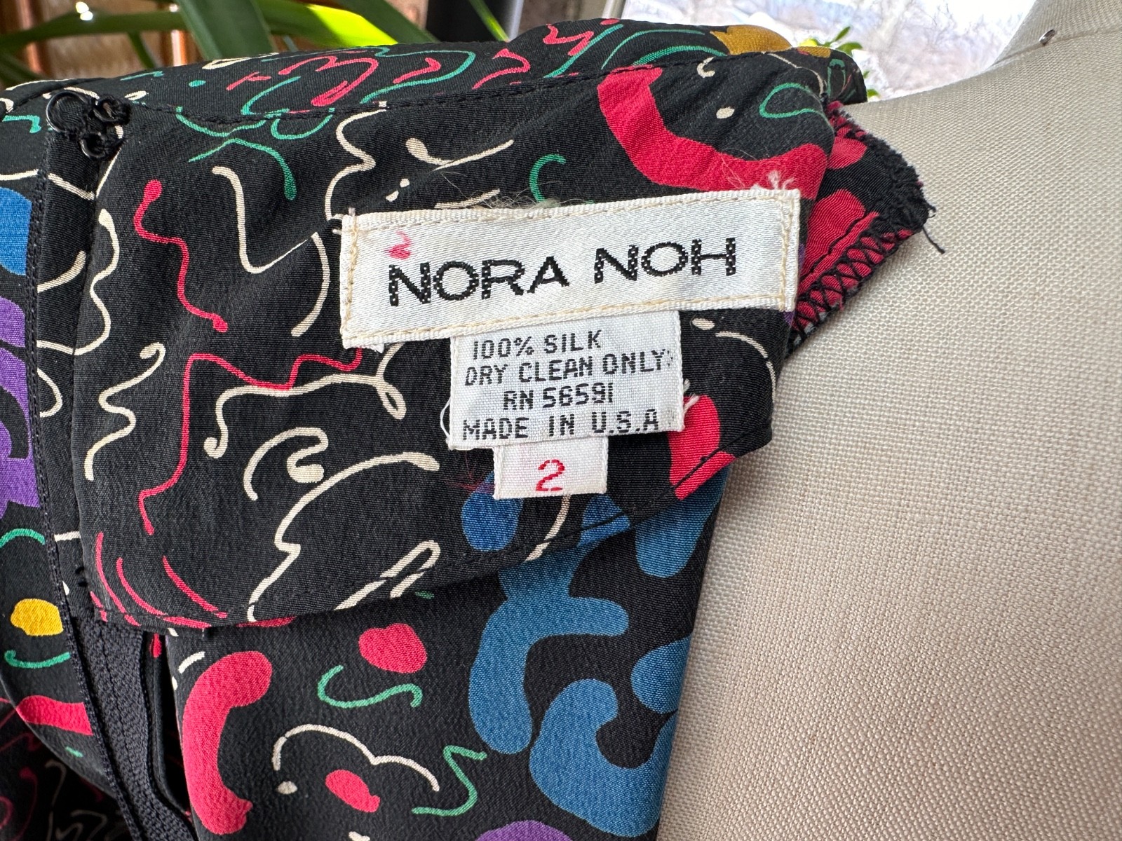 Vintage 1990s Black and Primary Color Abstract Silk Sarong Style Dress Nora Noh