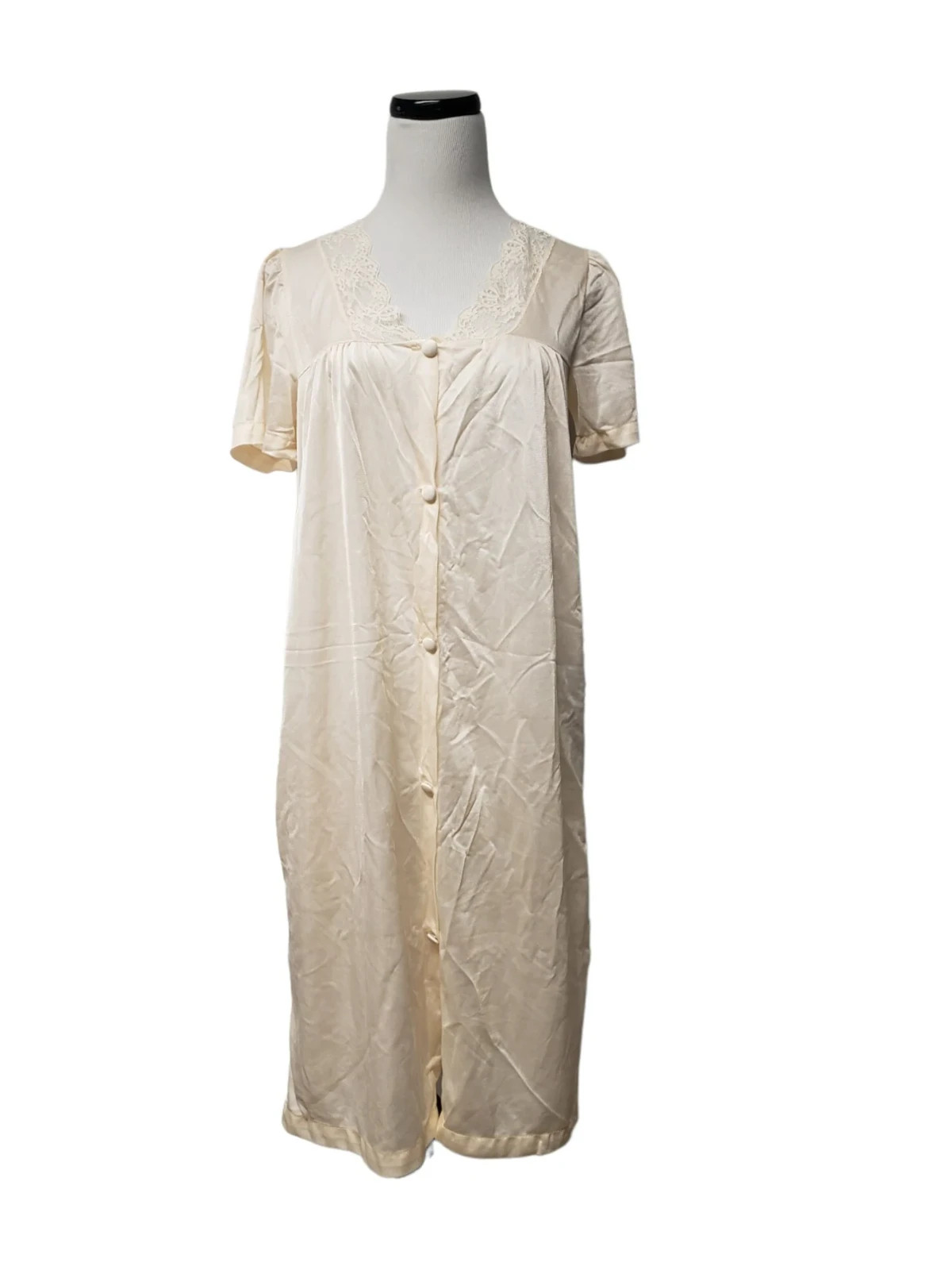 light peach nylon lace trimmed short robe . fits like S to M