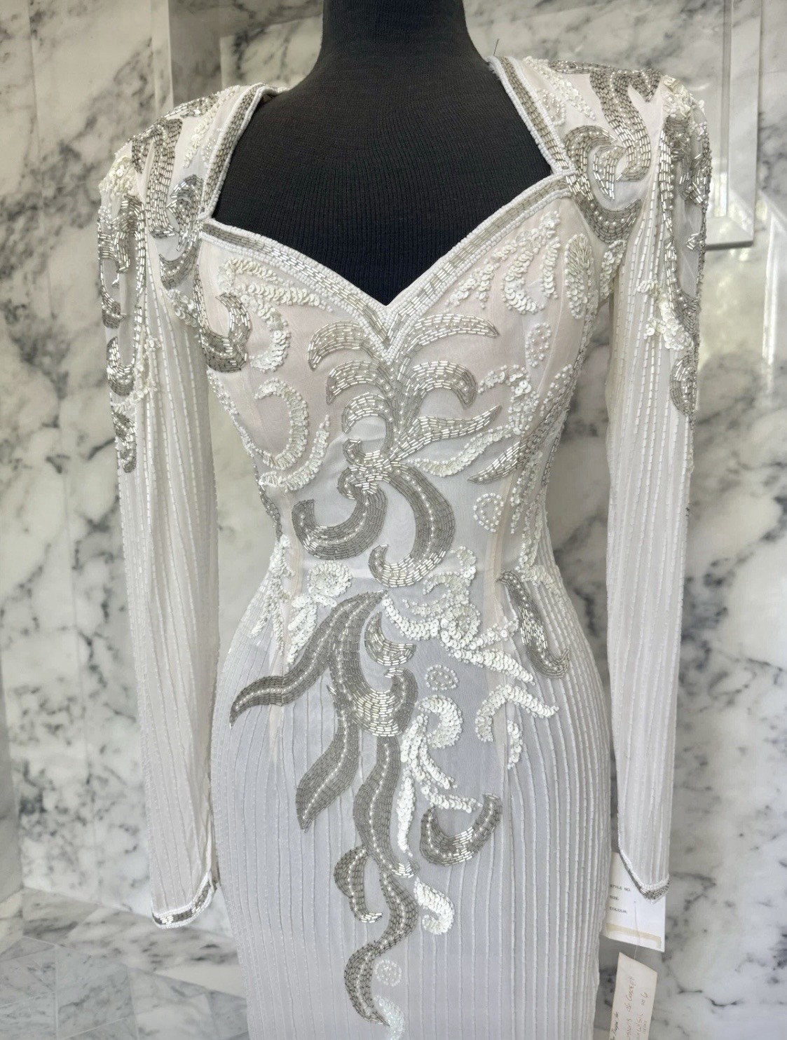Vintage Alyce Designs Silk Beaded White Silver Formal Gown Dress Size 6 NWT