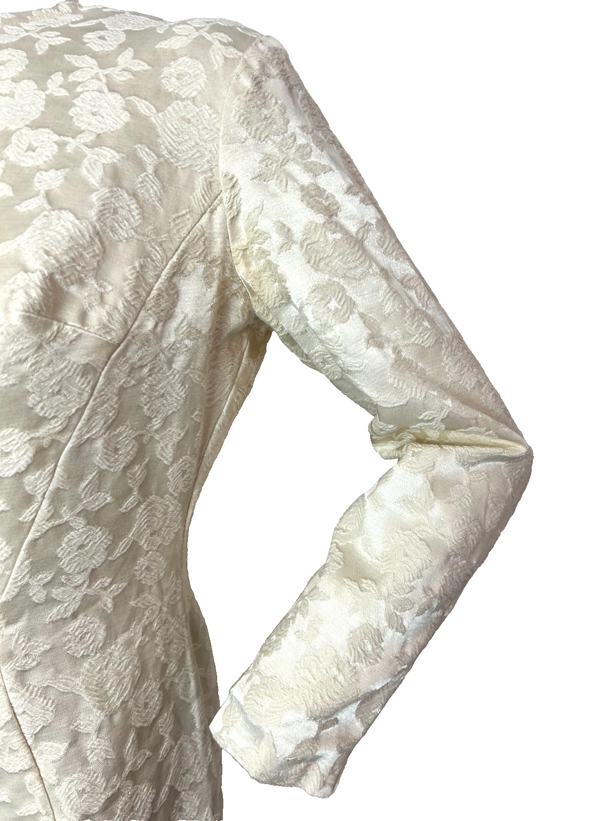 60’s Ivory Satin Brocade Wiggle Dress Size Small Zip Back Sleeve Damask Vintage