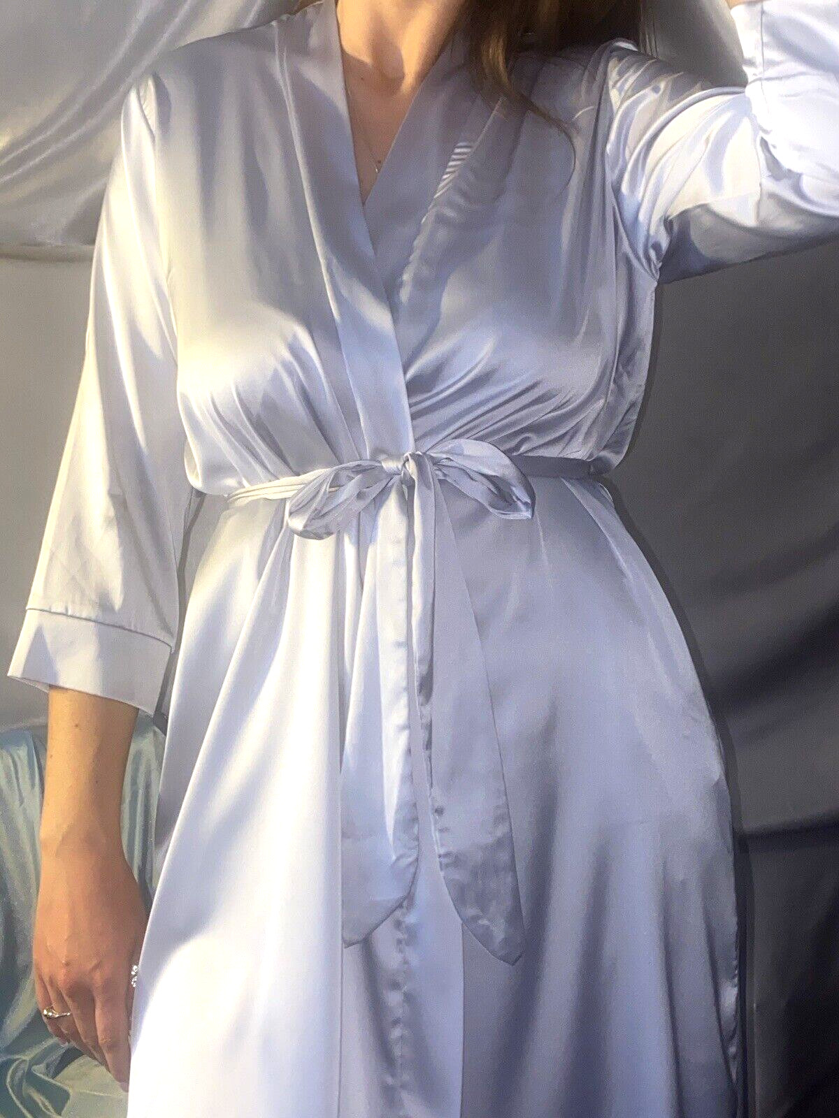 VTG SILVER SATIN FROSTY 42 44 LINGERIE Babydoll Nightgown ROBE L/xl