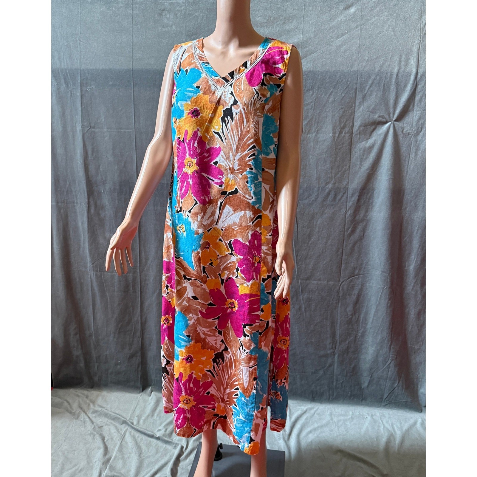 Vintage 90s Choices Multi Floral Linen Tank Dress L Sleeveless Lagenlook Artsy