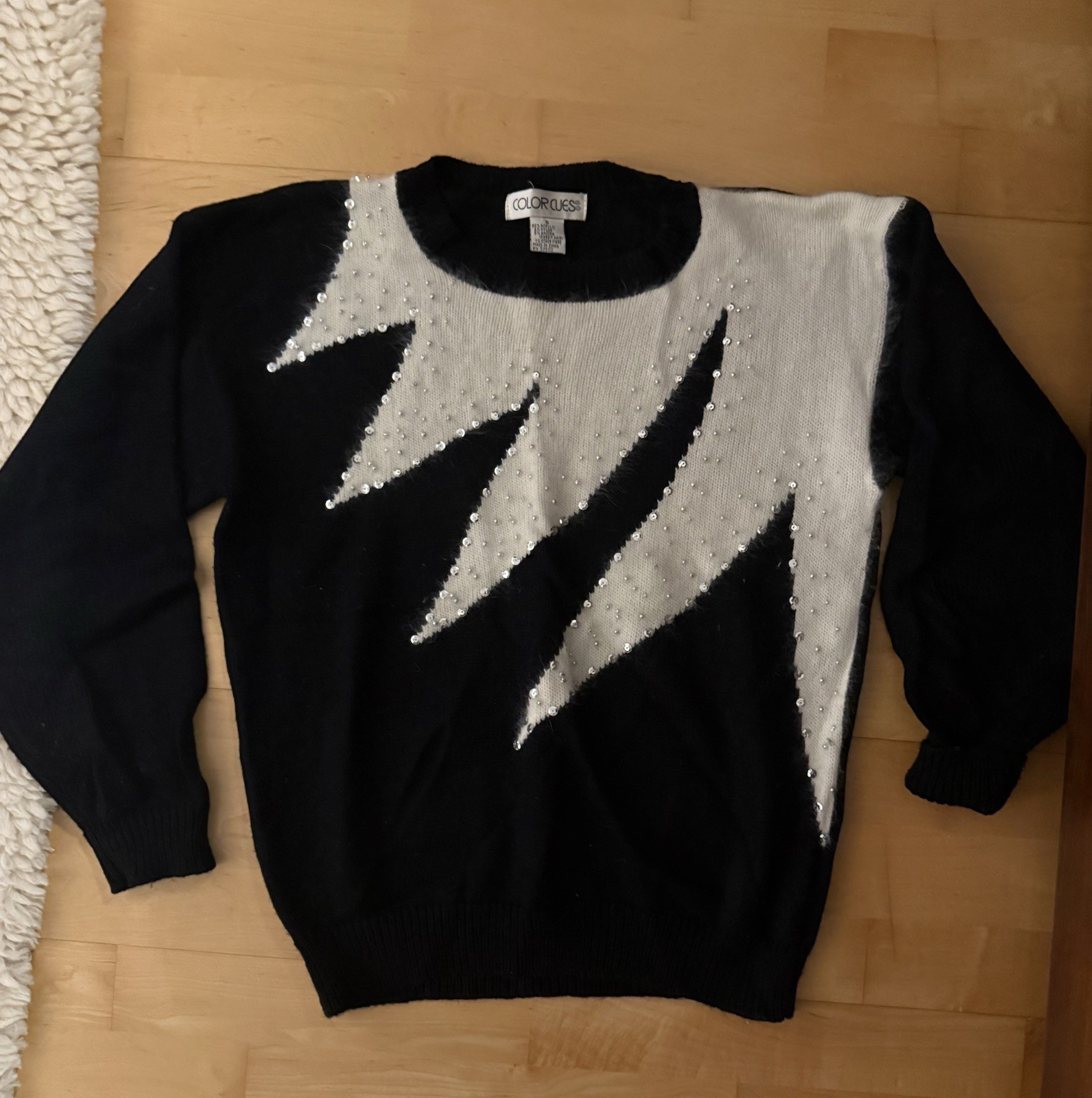 VTG Color Cues Black White Angora Blend 80s Retro Sweater Small