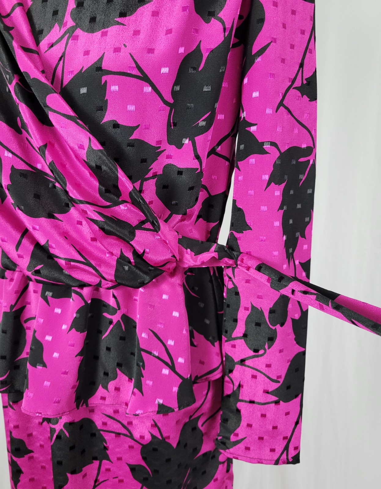 Vintage Jody of CA Pink & Black Faux Wrap Dress w Peplum & Tie Back Size 3/4