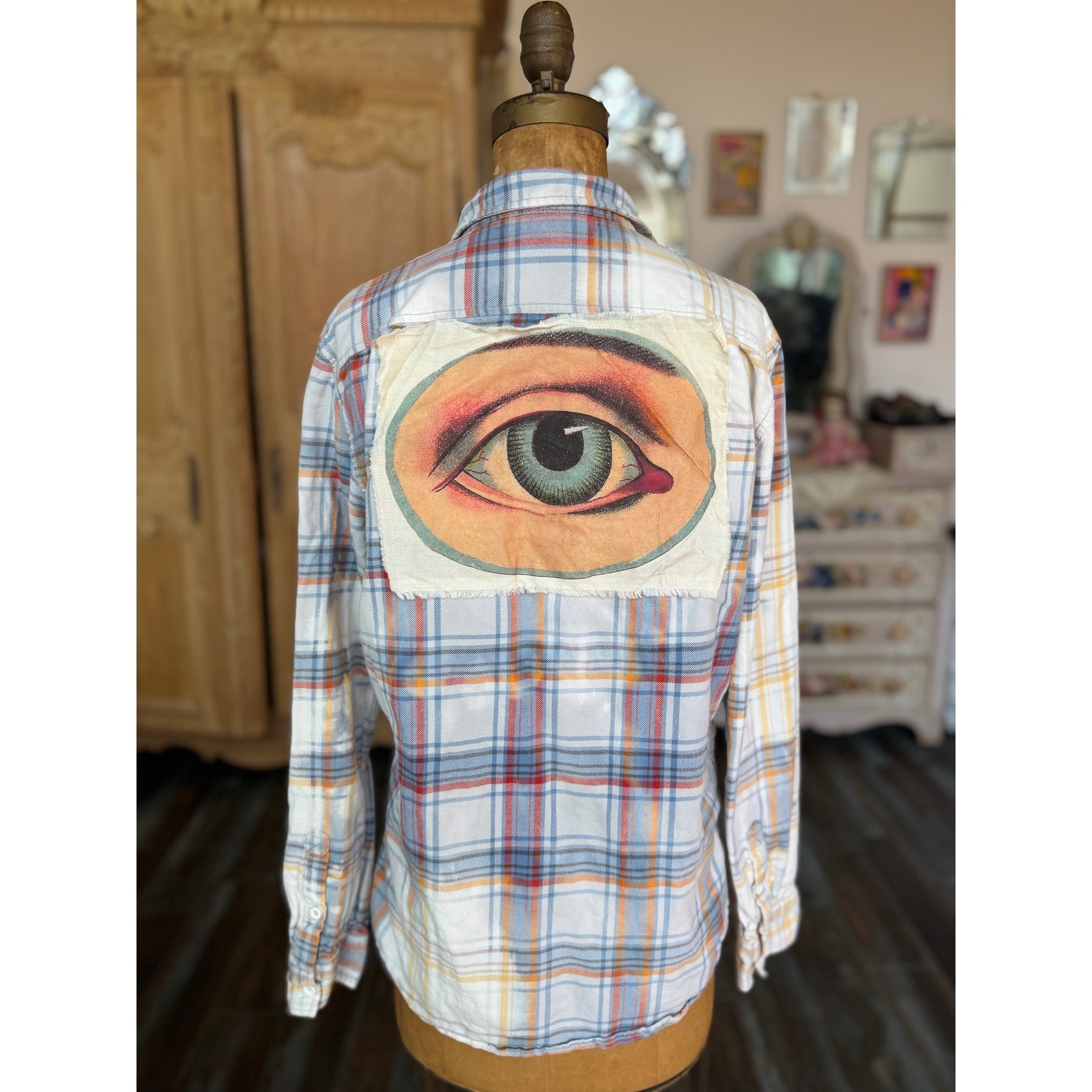 Upcycled Eye Patch Flannel Shirt Medium | Folk Art Plaid Button Down