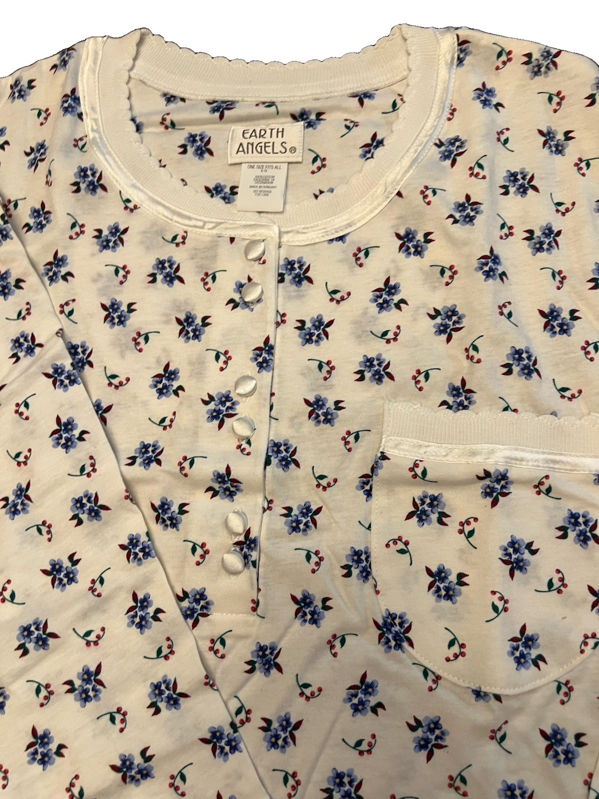 Vtg Earth Angels Floral Nightgown OneSize White/ Blue Satin Buttons & Trim