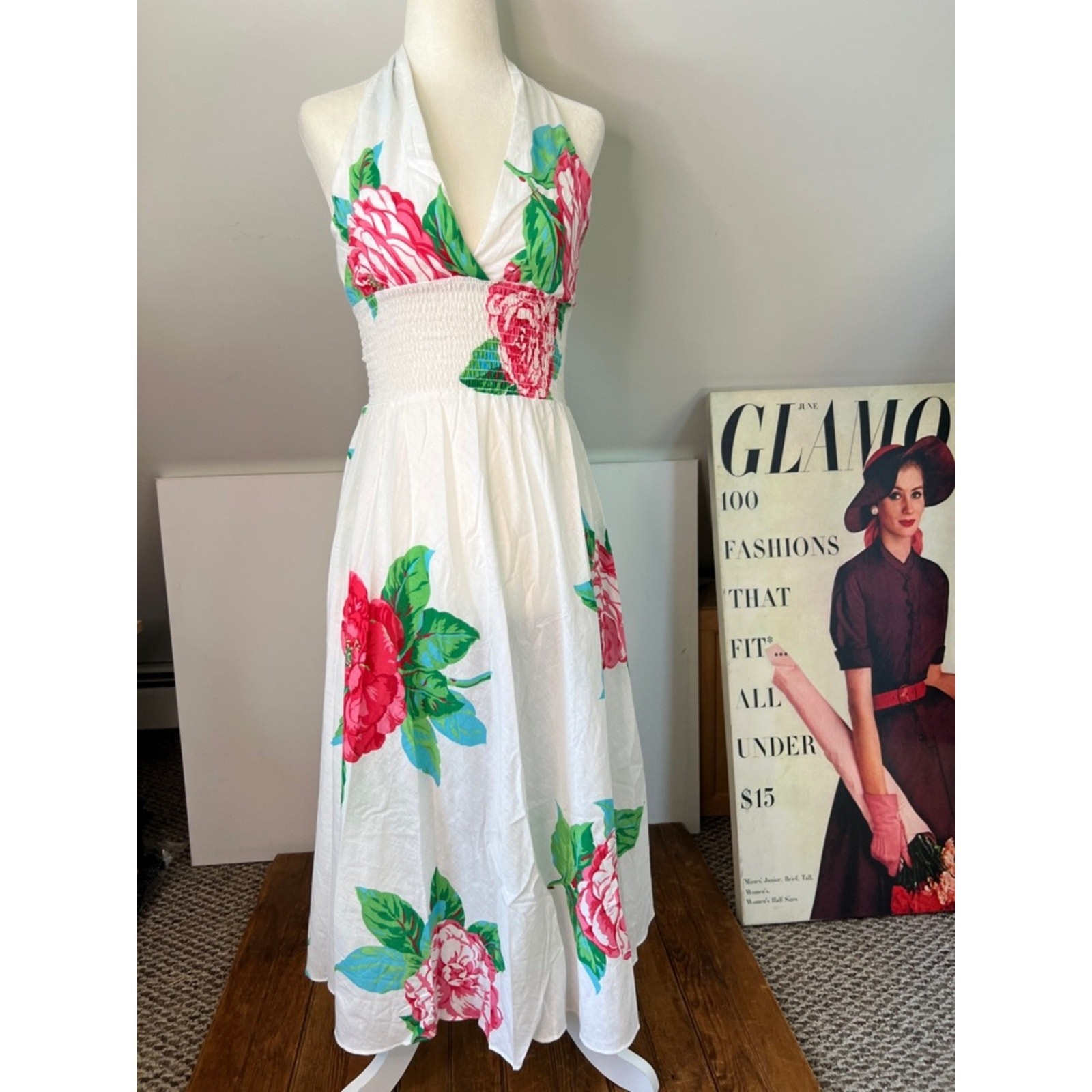 Vintage 80s sundress White Halter Floral Midi Dress with Pink & Green Blooms