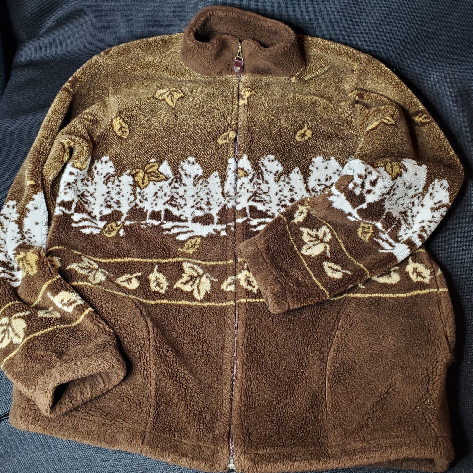 VTG 90s ART UNLIMITED Fleece Jacket AOP Autumn Graphic Brown Full-Zip Adult S