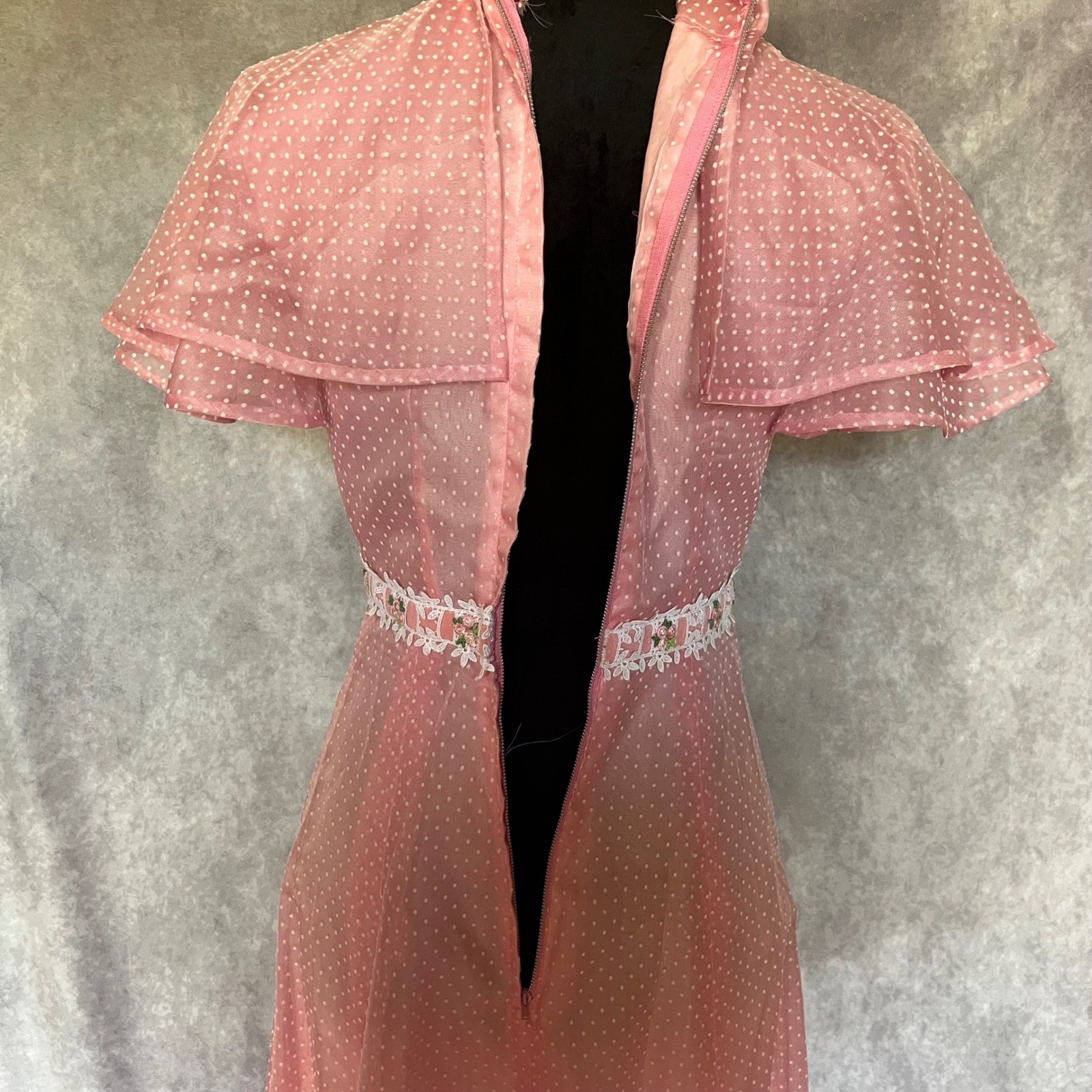 Vtg 50s 60s Pink Maxi Dress S Dotted Swiss Overlay Floral Lace Caped Gown MCM
