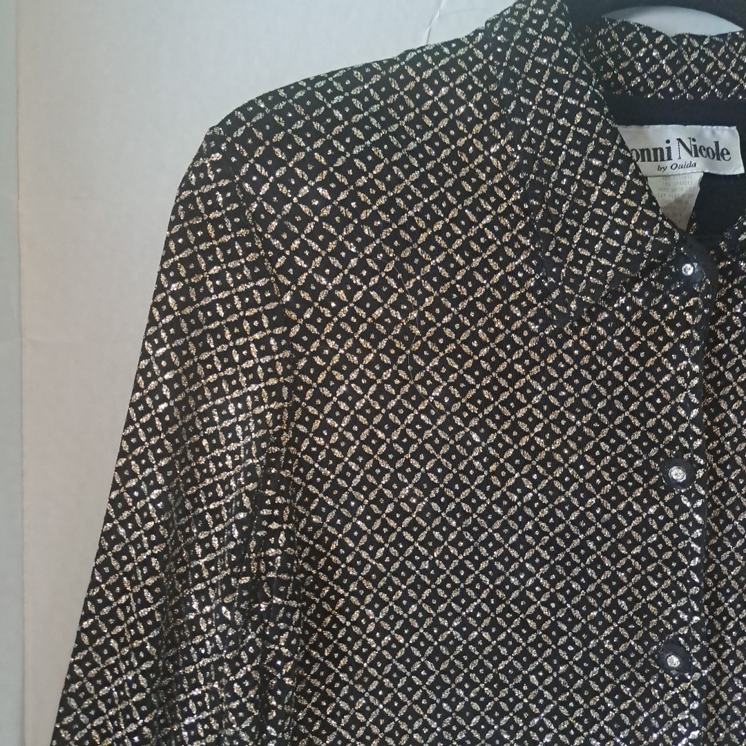Ronni Nicole by Ouida Black W/Silver Glitter Button Up Blouse Slit Back Wms Sz 8