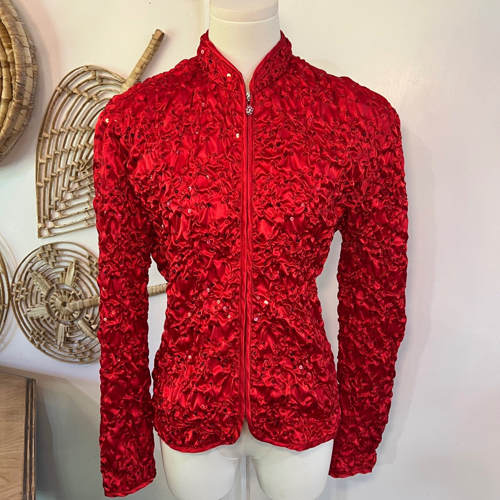 Vintage J.B.S. Ltd Red Ruched Beaded Sequin Zip Up Jacket Party Glam Y2K Small