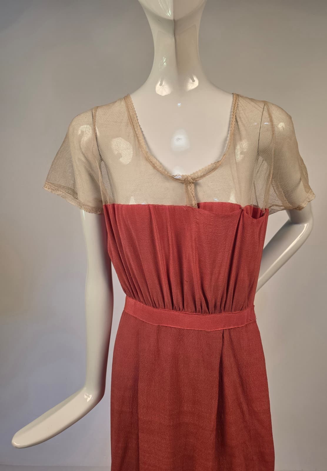 EDWARDIAN LONG SILK DRESS W LACE TRIMMED SHEER NET TOP