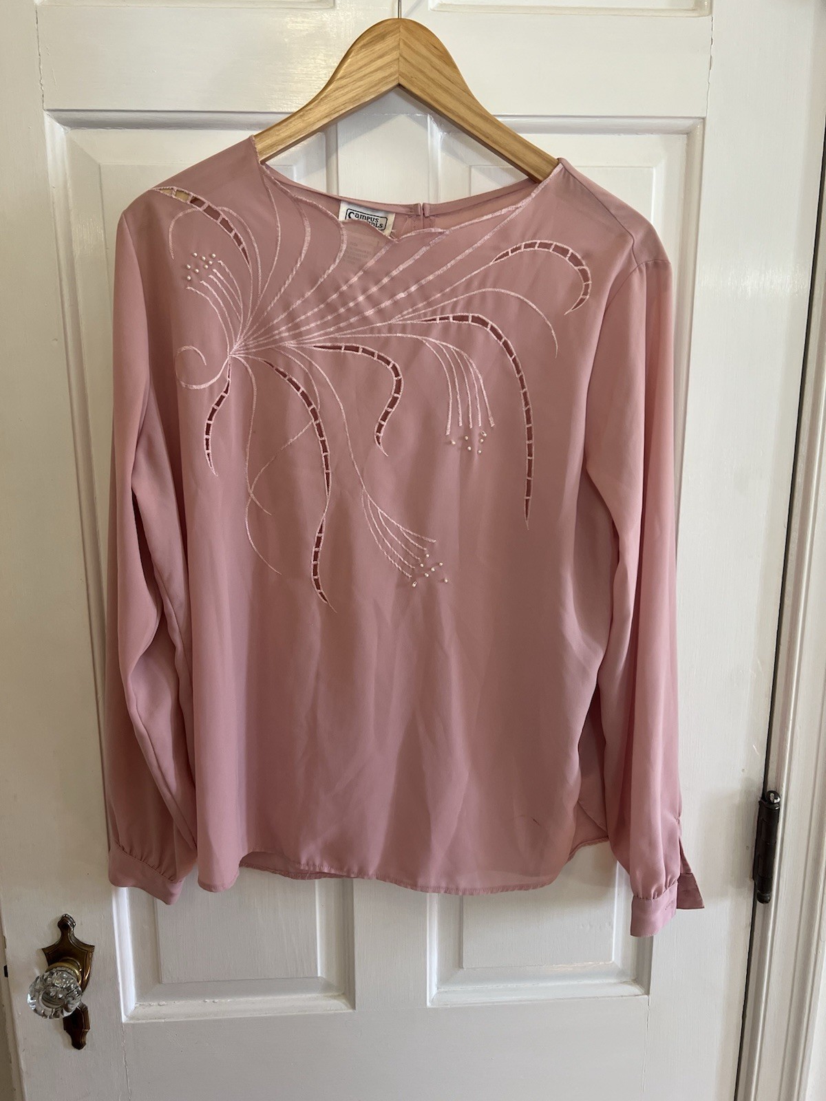Campus Casuals Beaded Floral Blouse Pink Vintage Size Large Cottage Core Lace