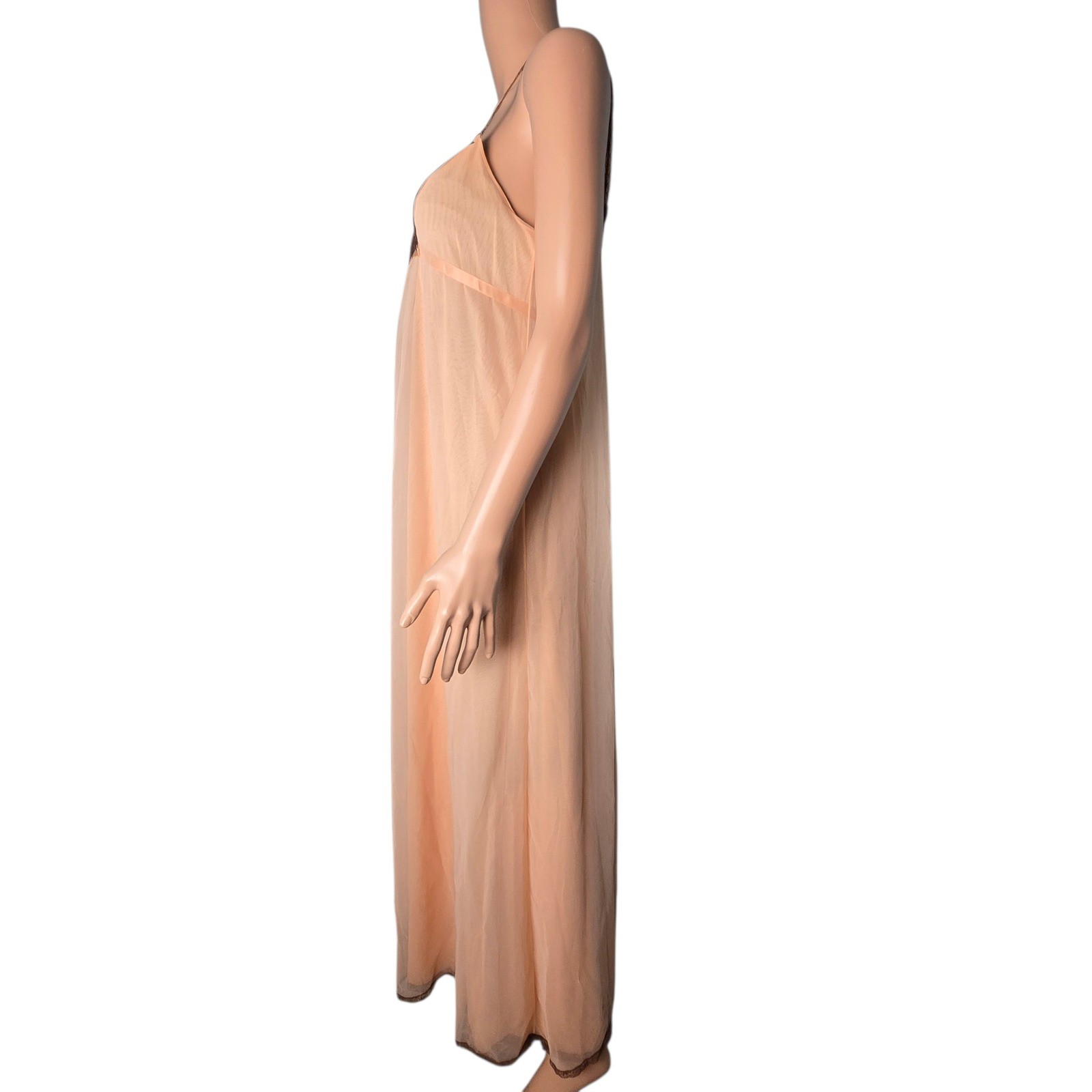Vintage Vanity Fair Peach Nylon Nightgown Sheer Lace Overlay Empire Waist 34