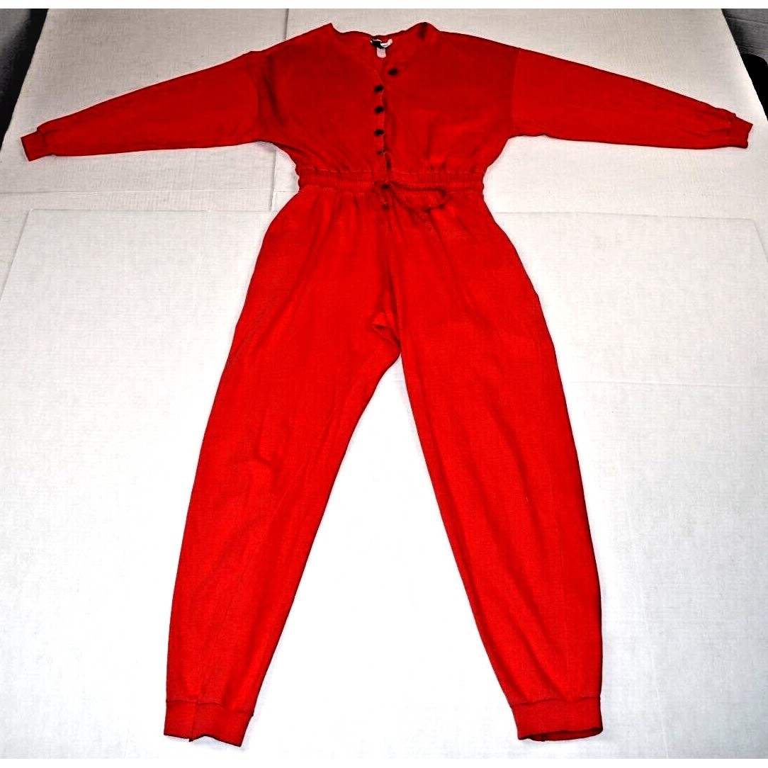 Vintage Jumpsuit Oakbrook Size S/M 80s Cherry Red Cotton Snug Fit Made USA