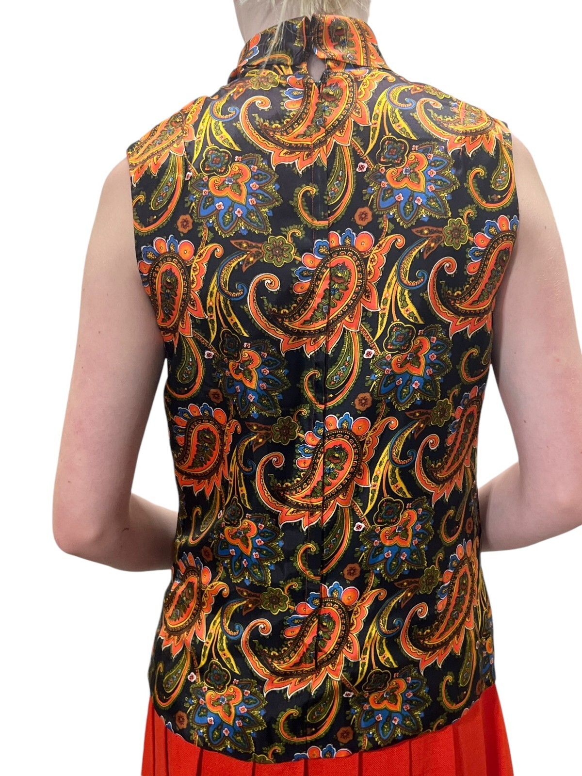 S~M Vtg 60s MOD Dress Pleated Skirt Orange Paisley Tie Neck Drop Waist MCM ARKAY