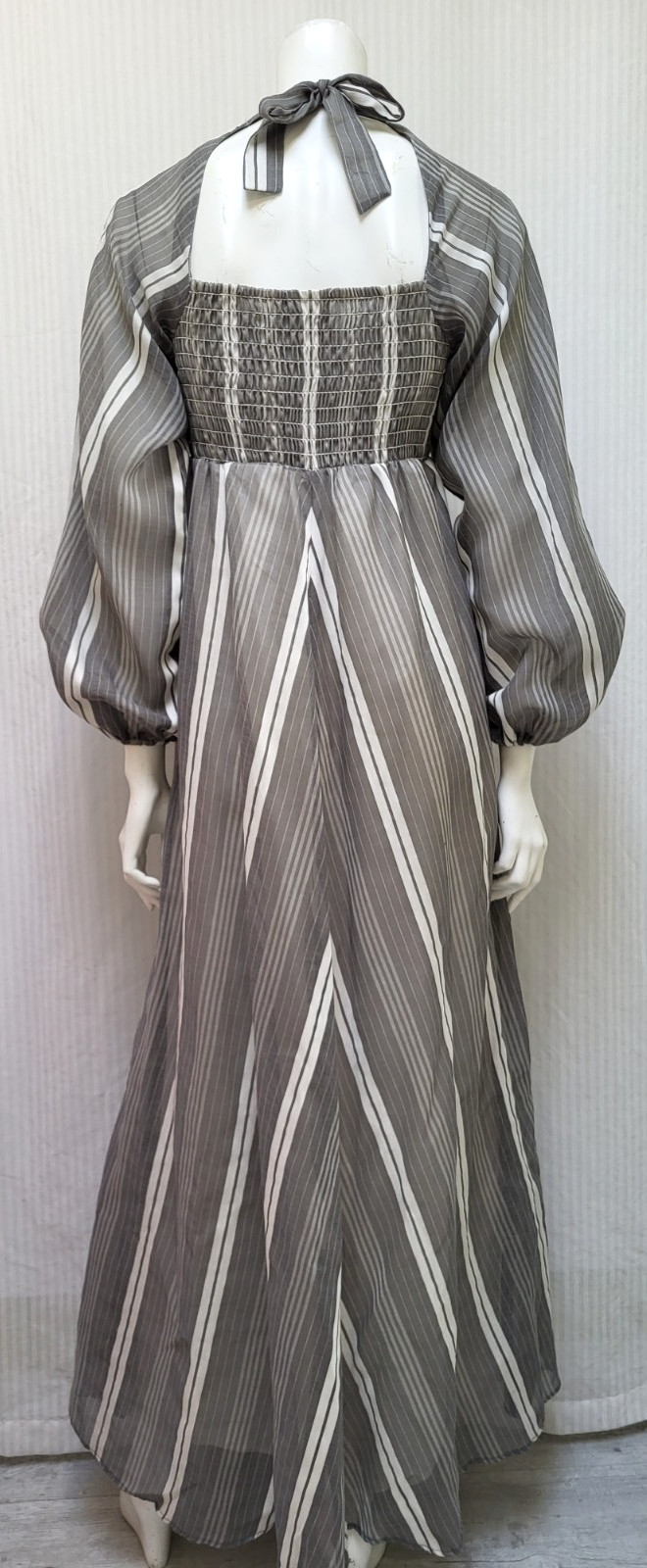 Vintage 1970’s MELISSA LANE Gray Stripe Maxi Dress with Smocking – Size XS/S