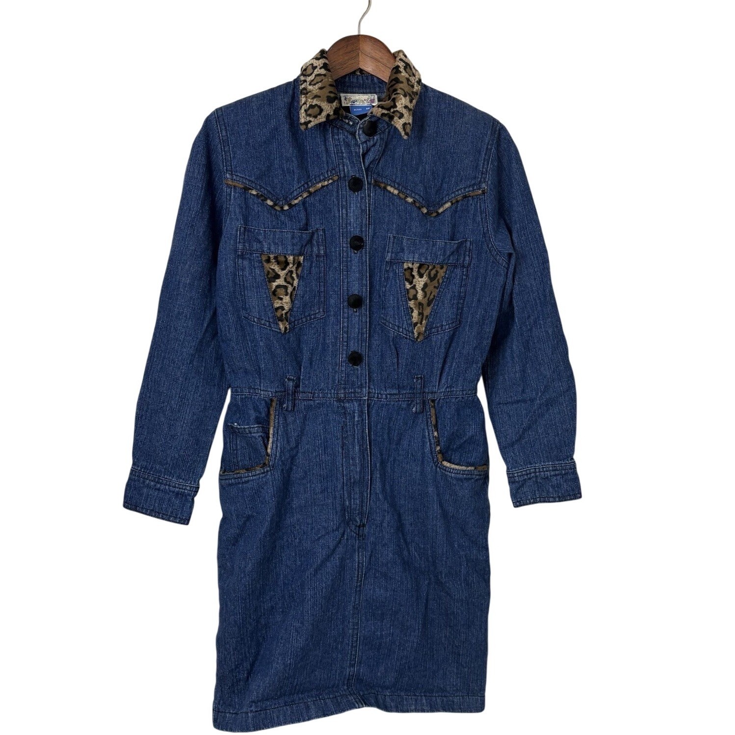 Vintage 80s Womens 4P Denim Dress Retro Western Leopard Cowgirl Festival Concert