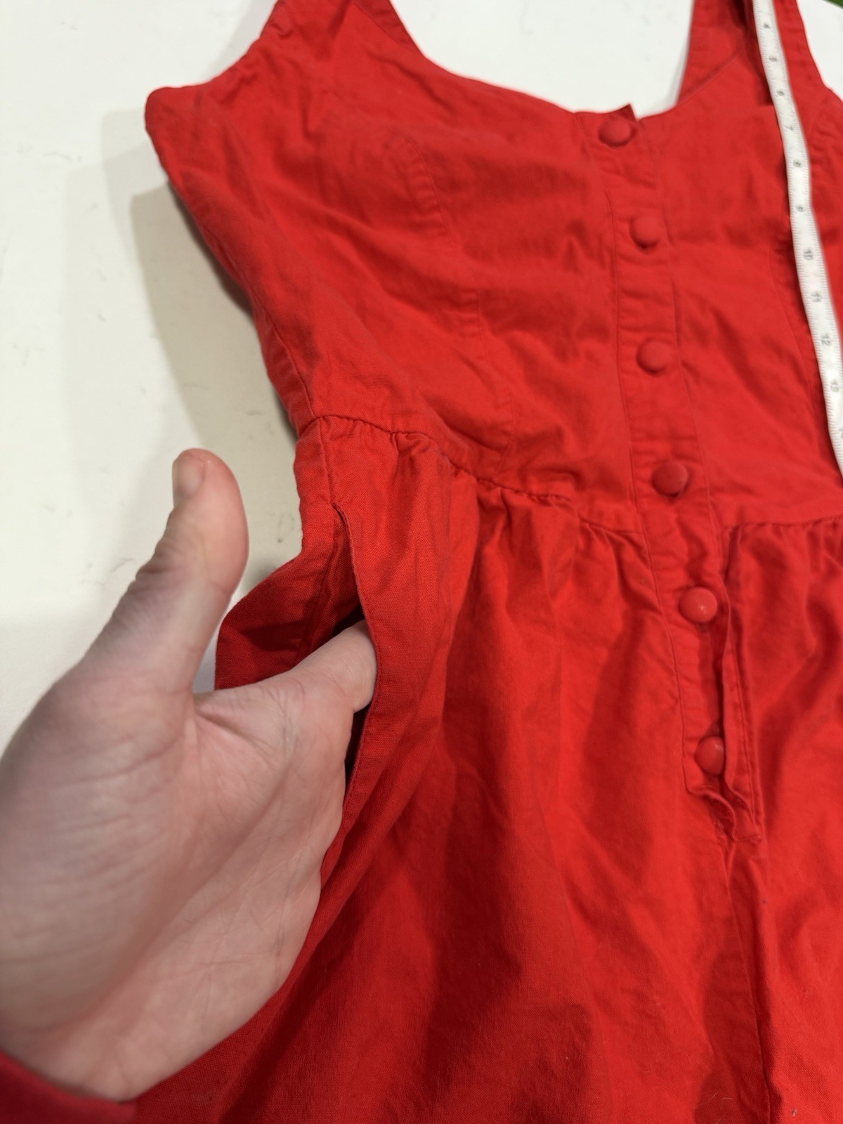 Vintage 1980s Red Romper Button Up Lace Back Pockets Size S Cotton Fashion Force