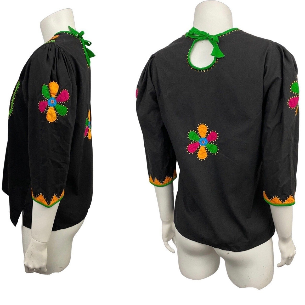 Vintage Boho Embroidered Folk Blouse Black Festival Hippie Top Tunic / Small ^