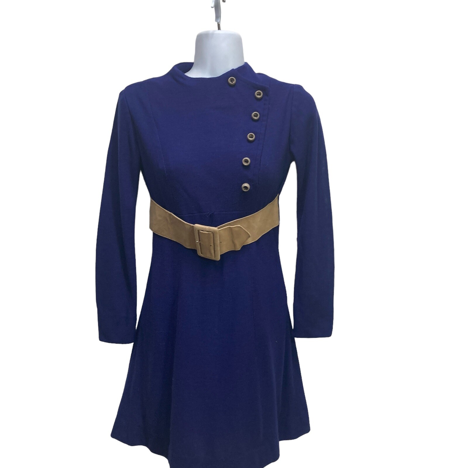 Vintage 1960s 1970s Mini Dress Size XS S Hand Tailored Belt buttons A Line