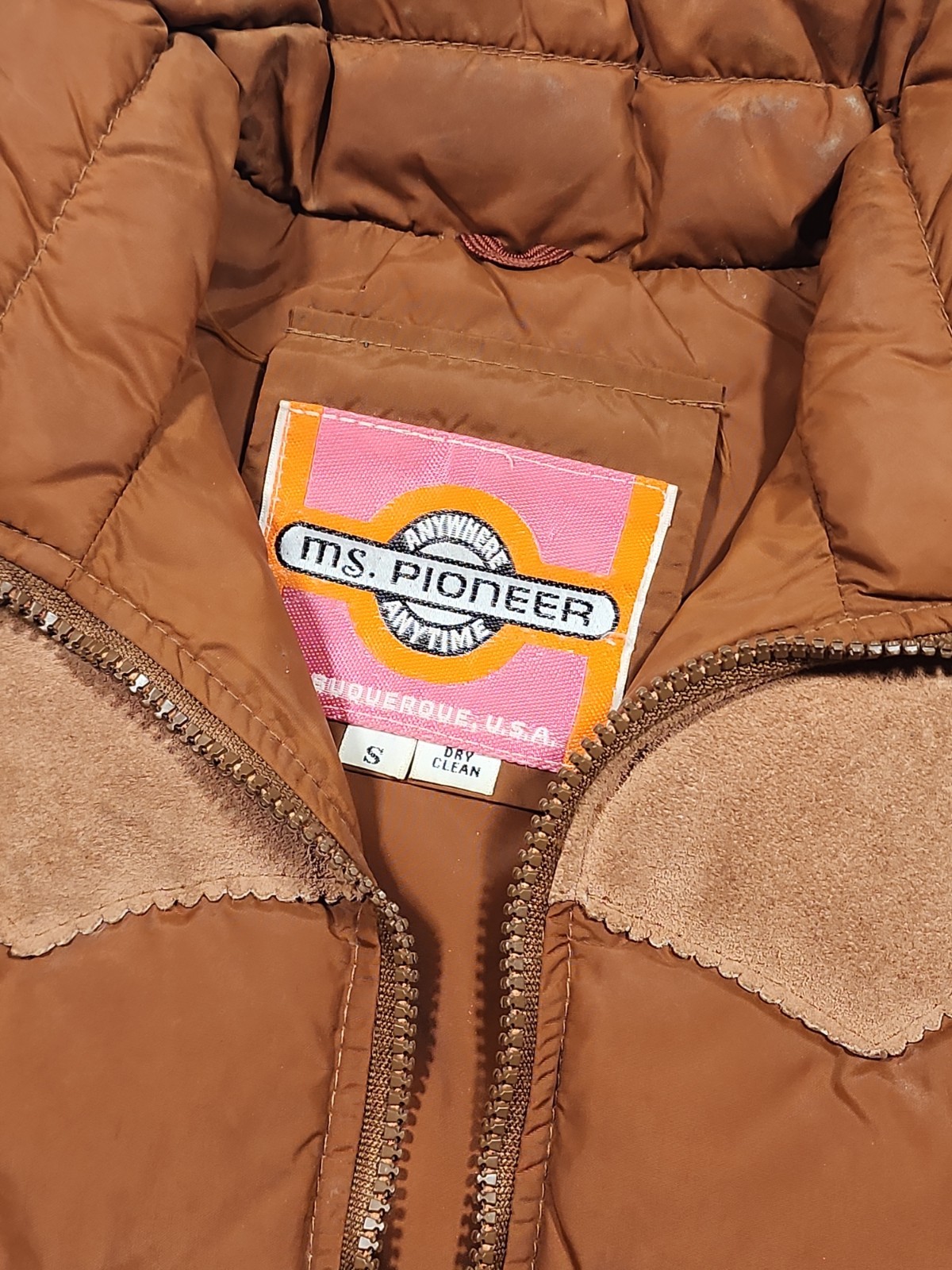 VINTAGE MS PIONEER 70’s Down Puffer Vest Small Women Nylon/Leather Brown Western
