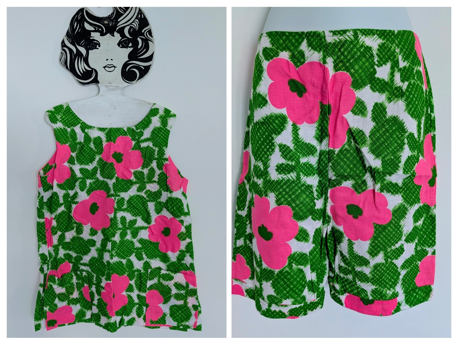 Vtg Made in Hawaii Hawaiian Bright Green Pink Flowers 2pc Set Playsuit 70s L/XL